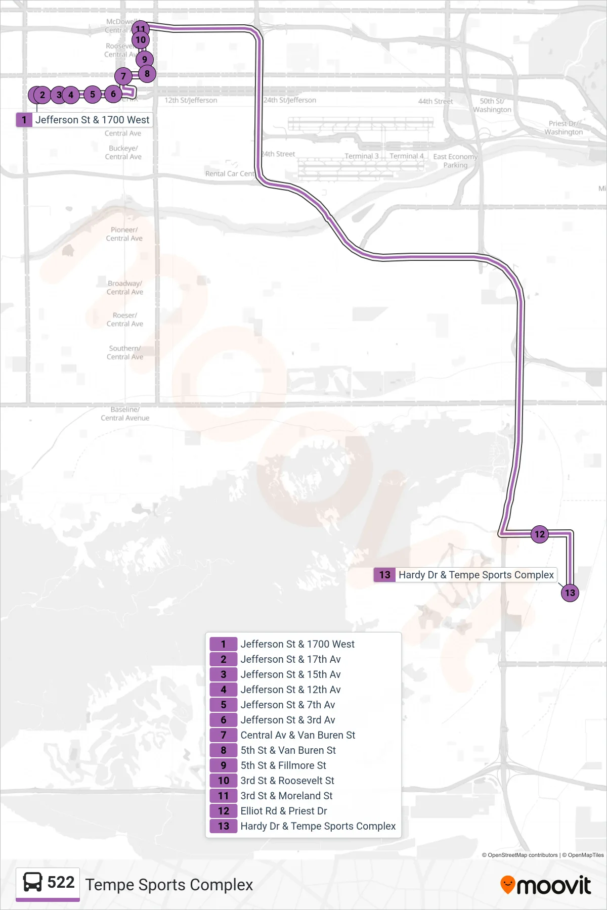 522 bus Line (Tempe Sports Complex) route and stops on a map