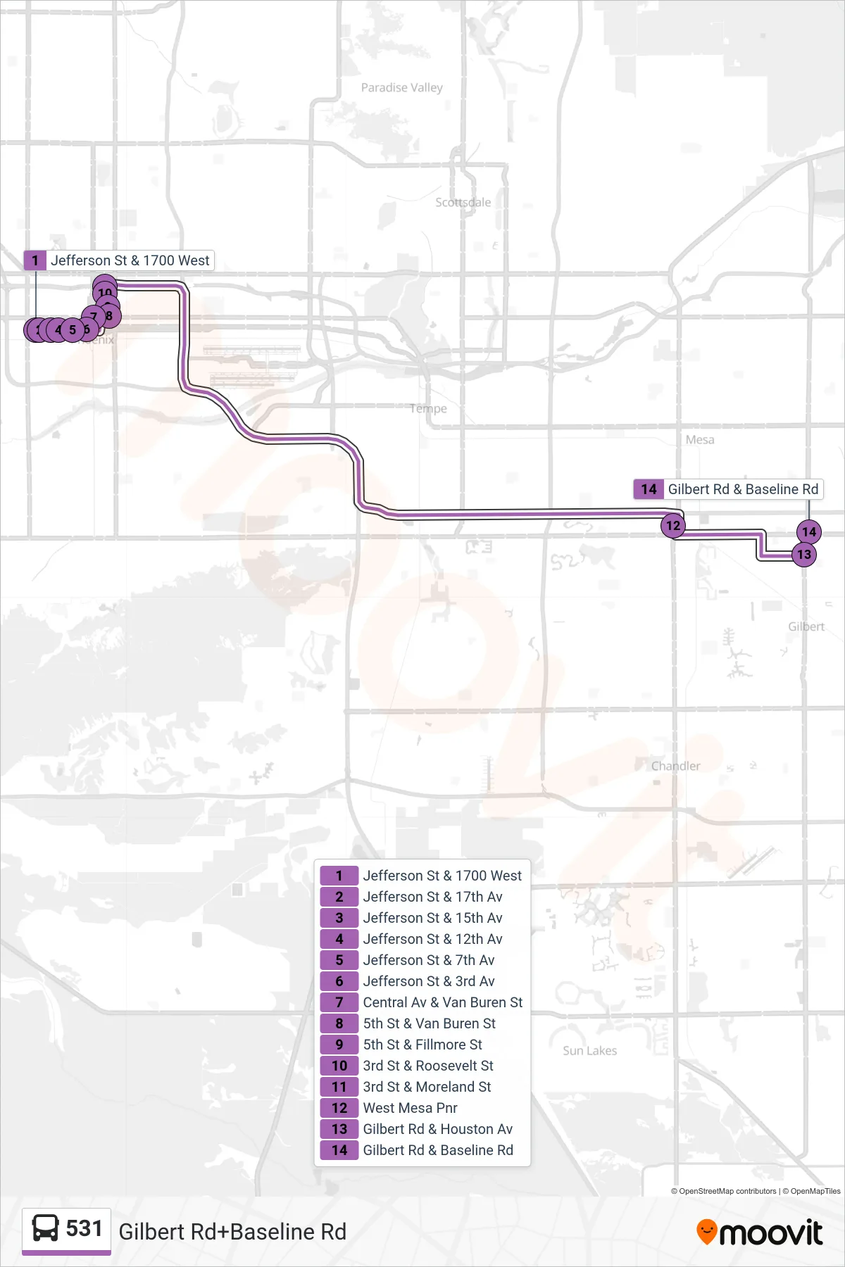 531 bus Line (Gilbert Rd+Baseline Rd) route and stops on a map