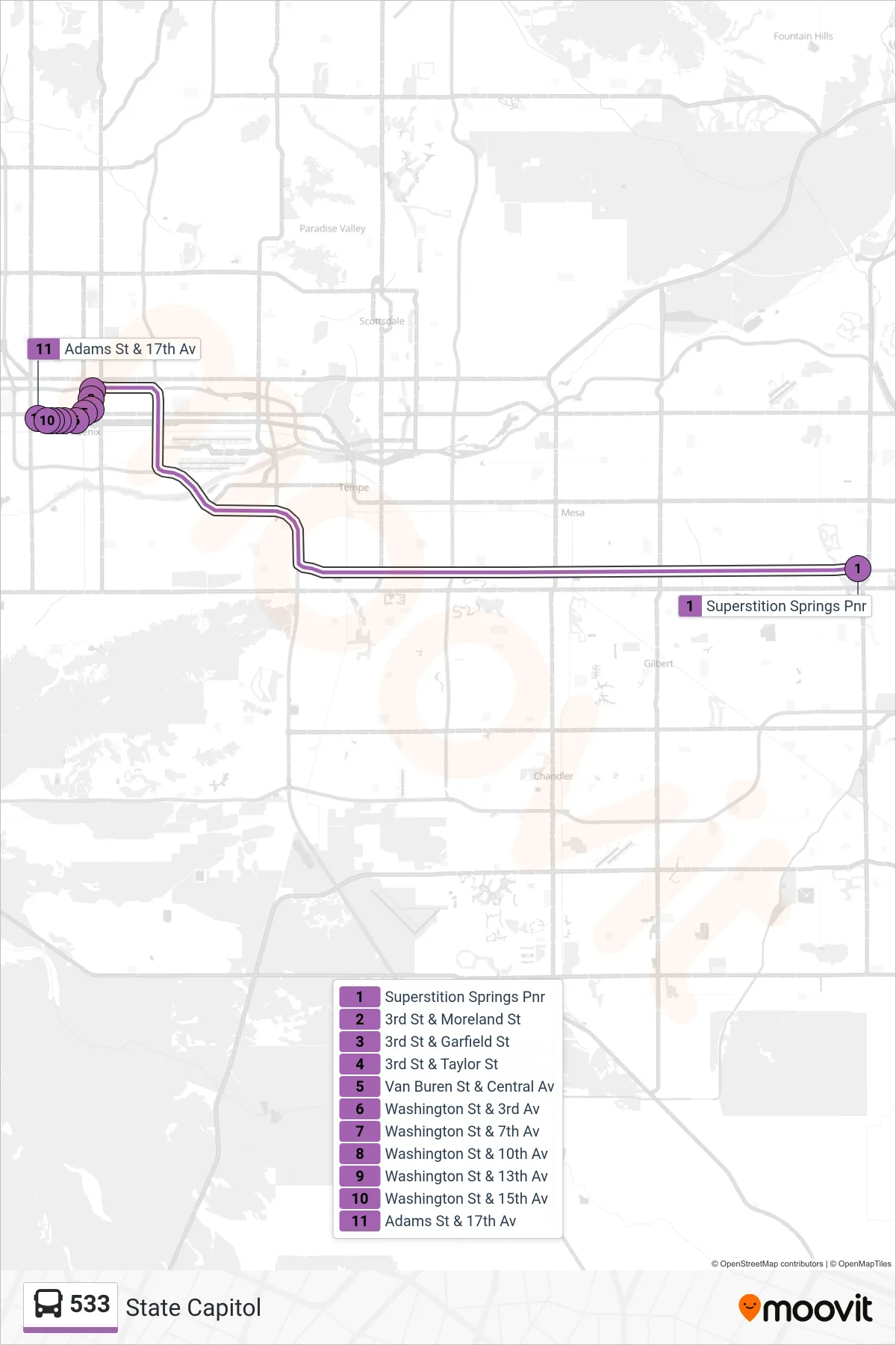 533 bus Line (State Capitol) route and stops on a map