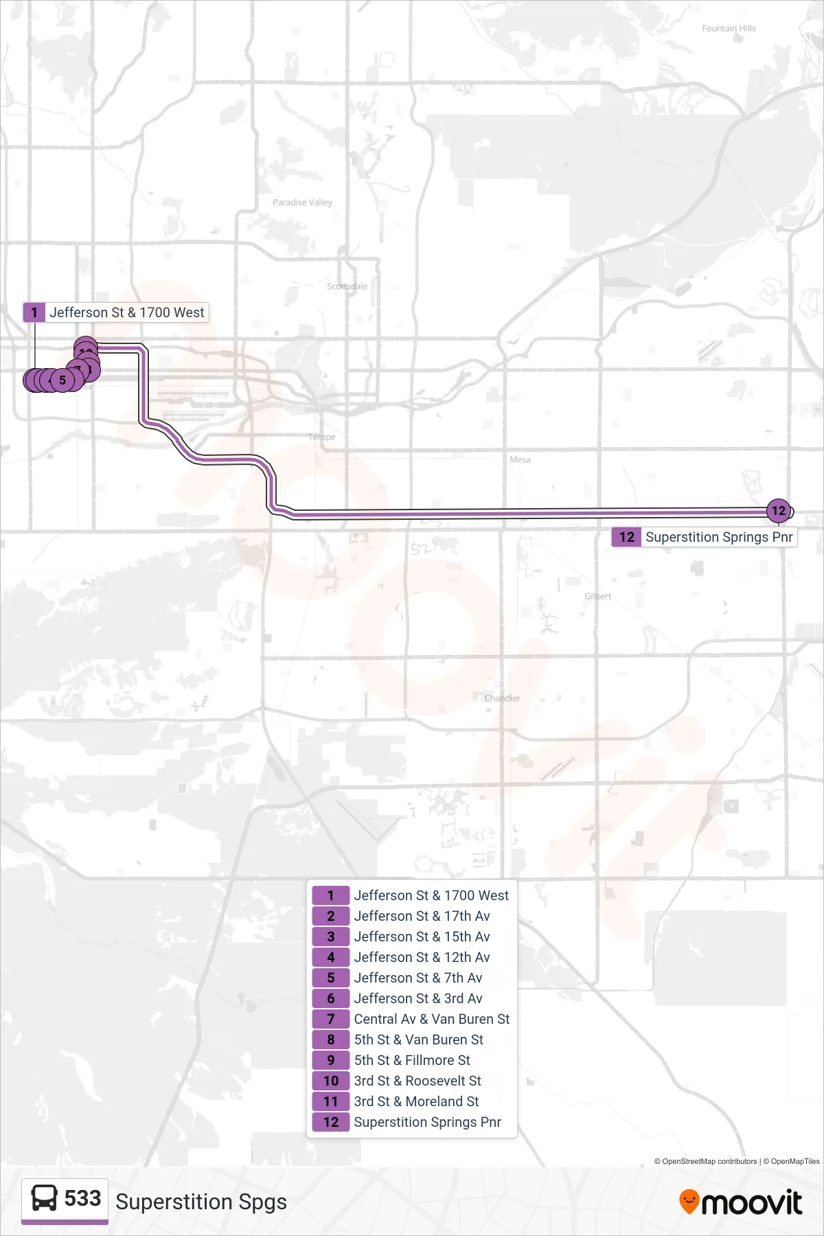 533 bus Line (Superstition Spgs) route and stops on a map