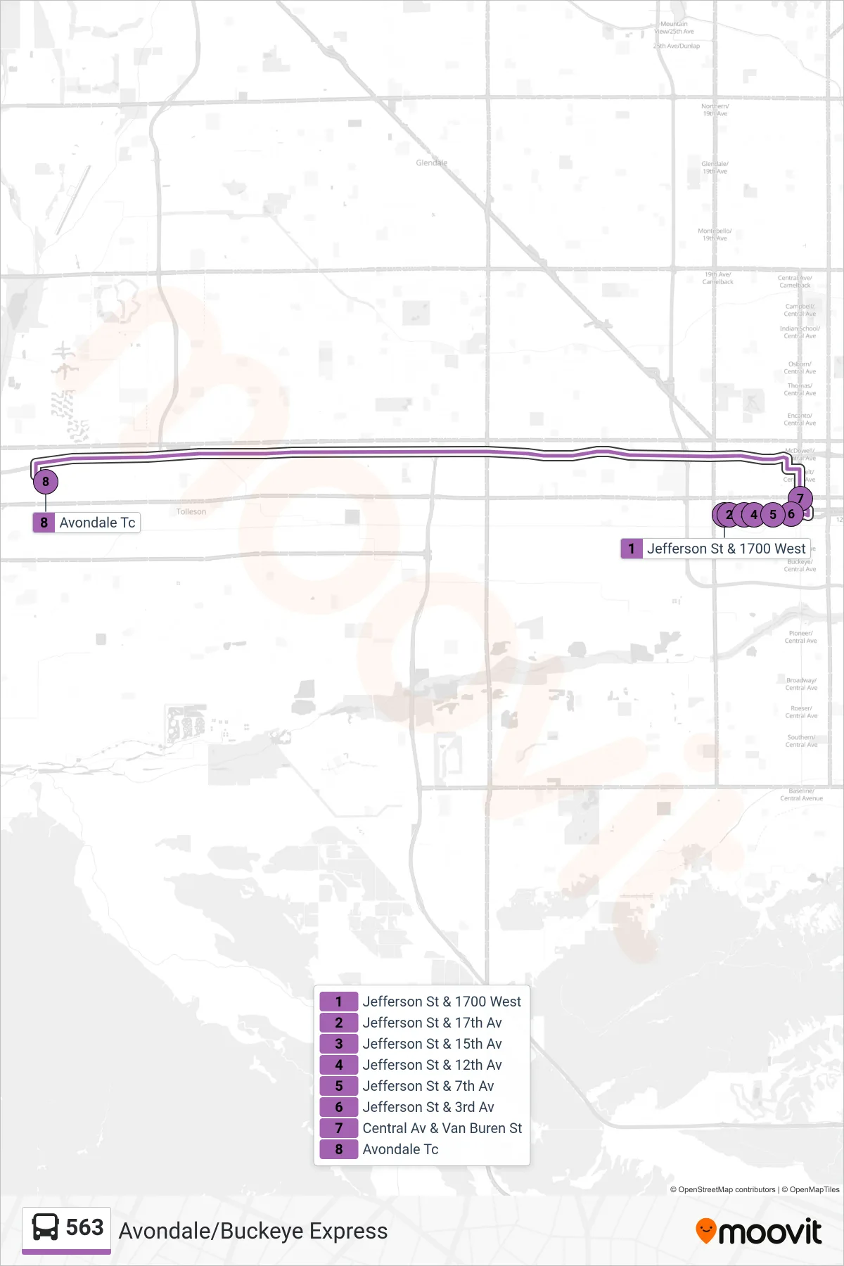 563 bus Line (Avondale Pnr) route and stops on a map
