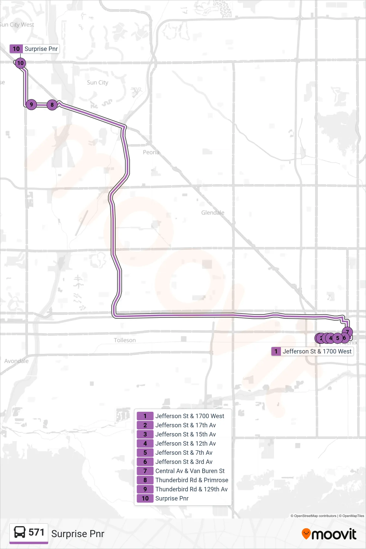 571 bus Line (Surprise Pnr) route and stops on a map