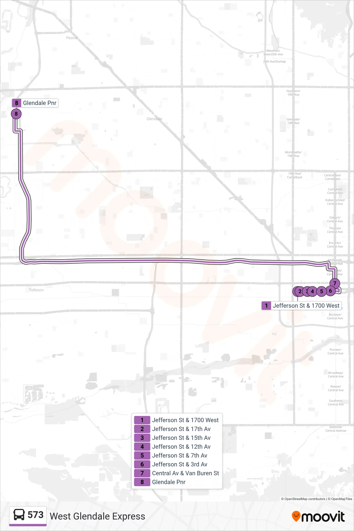 573 bus Line (Glendale Pnr) route and stops on a map