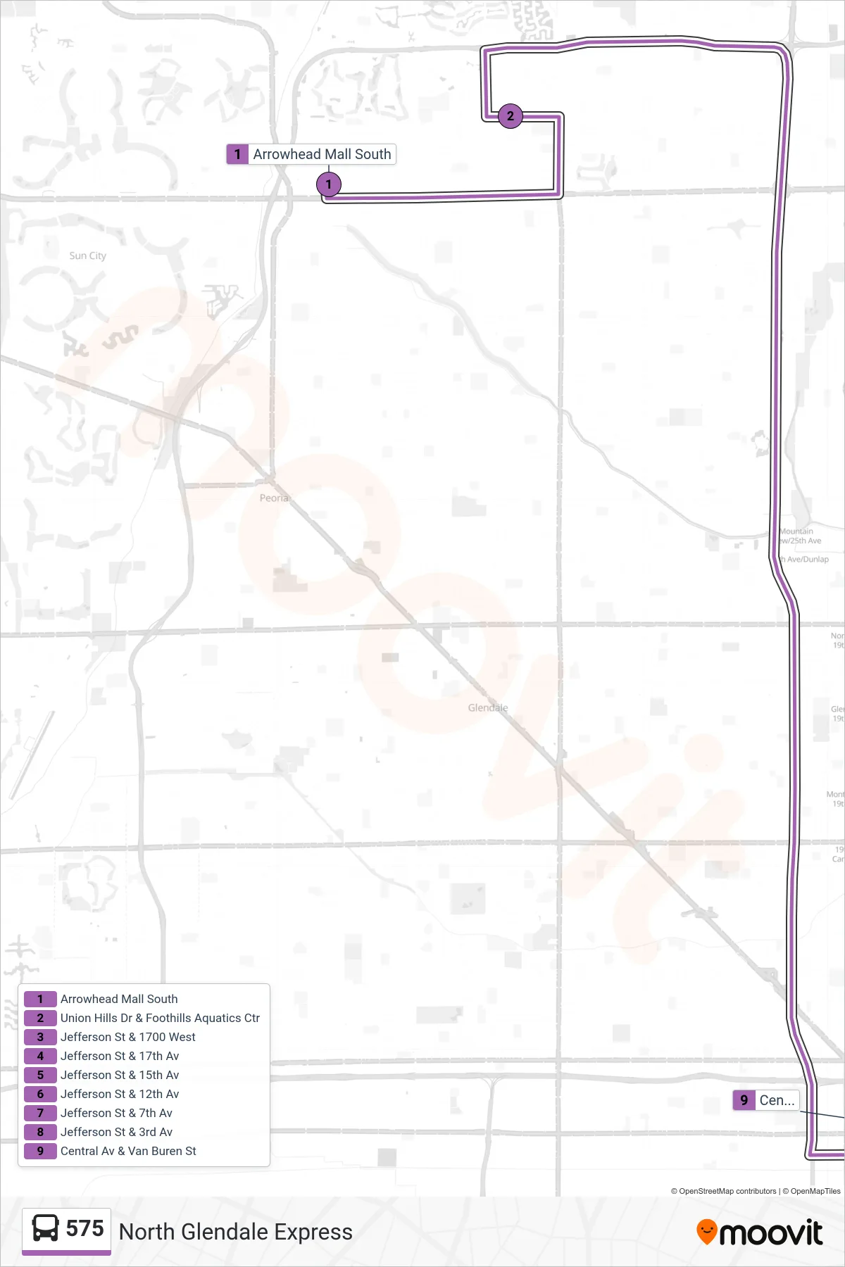 575 bus Line (Downtown Phoenix) route and stops on a map