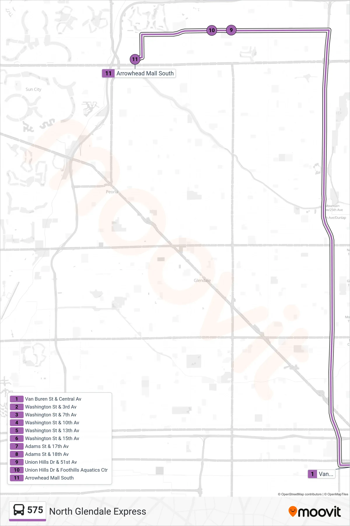 575 bus Line (Arrowhead Ctr) route and stops on a map