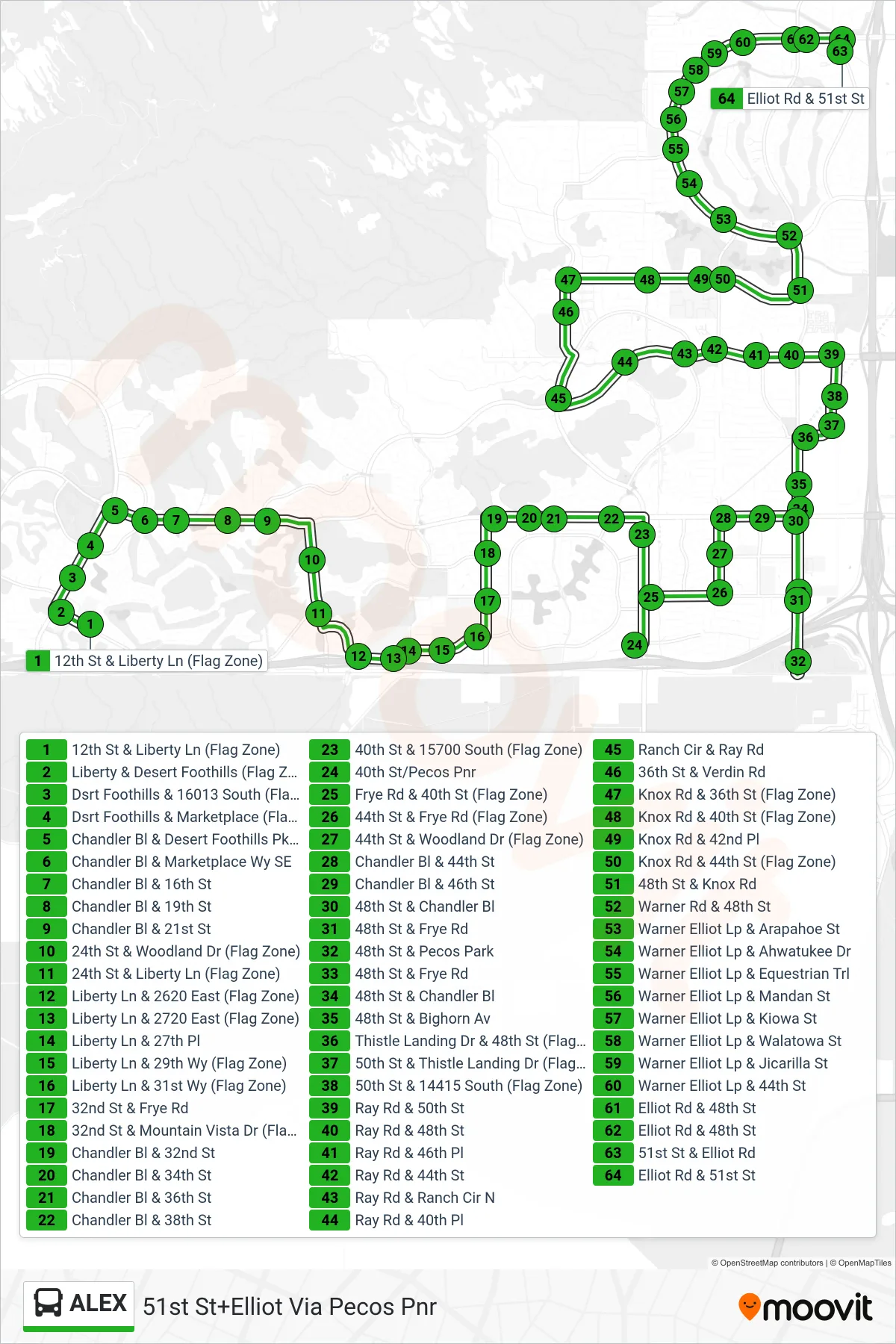 ALEX bus Line (51st St+Elliot Via Pecos Pnr) route and stops on a map
