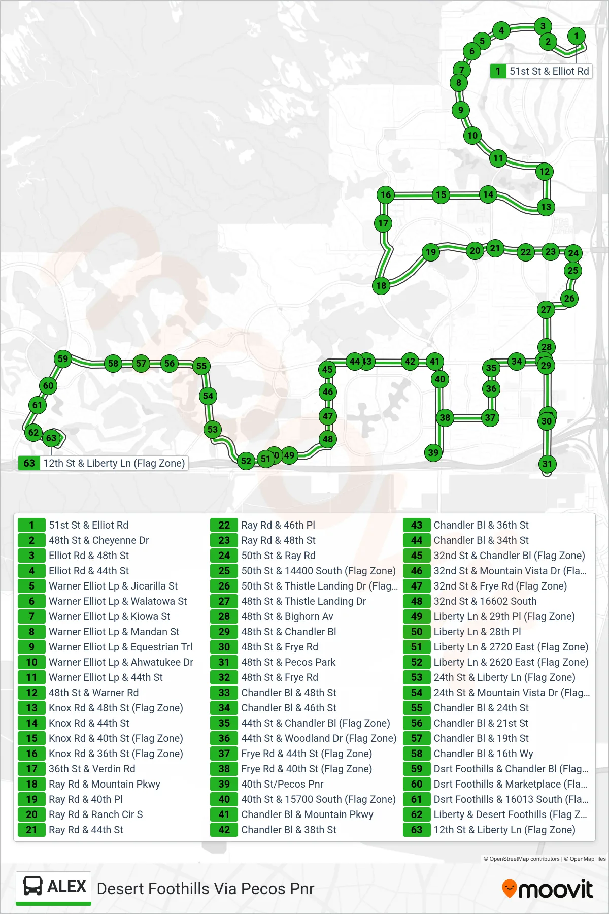 ALEX bus Line (Desert Foothills Via Pecos Pnr) route and stops on a map
