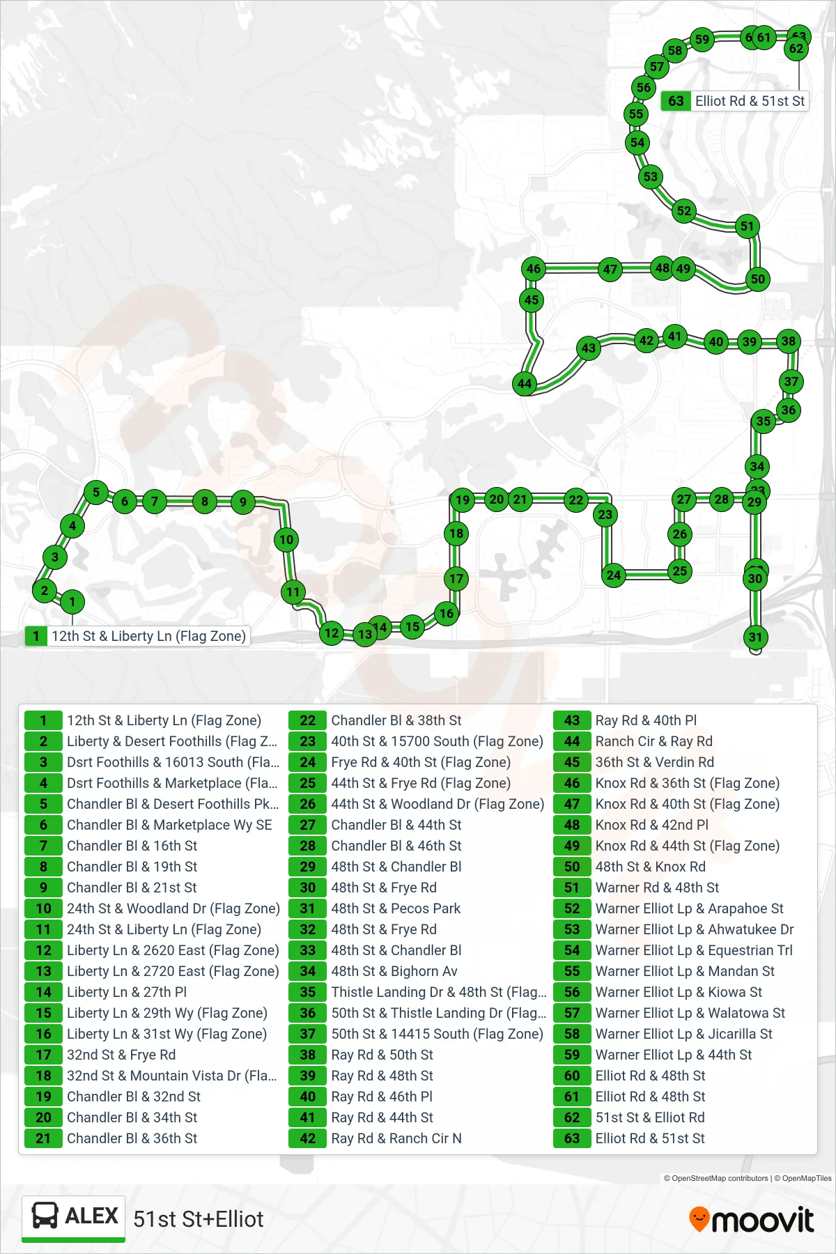 ALEX bus Line (51st St+Elliot) route and stops on a map