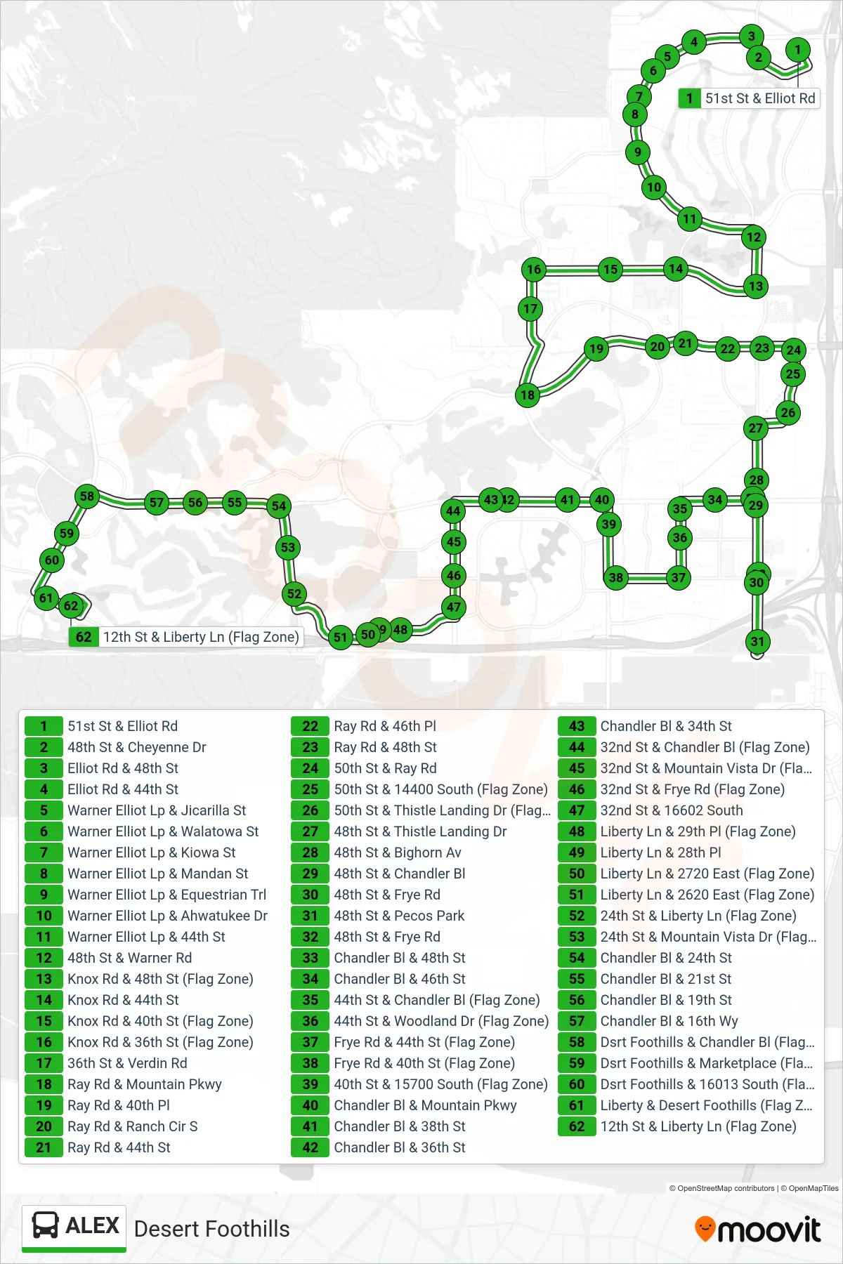 ALEX bus Line (Desert Foothills) route and stops on a map