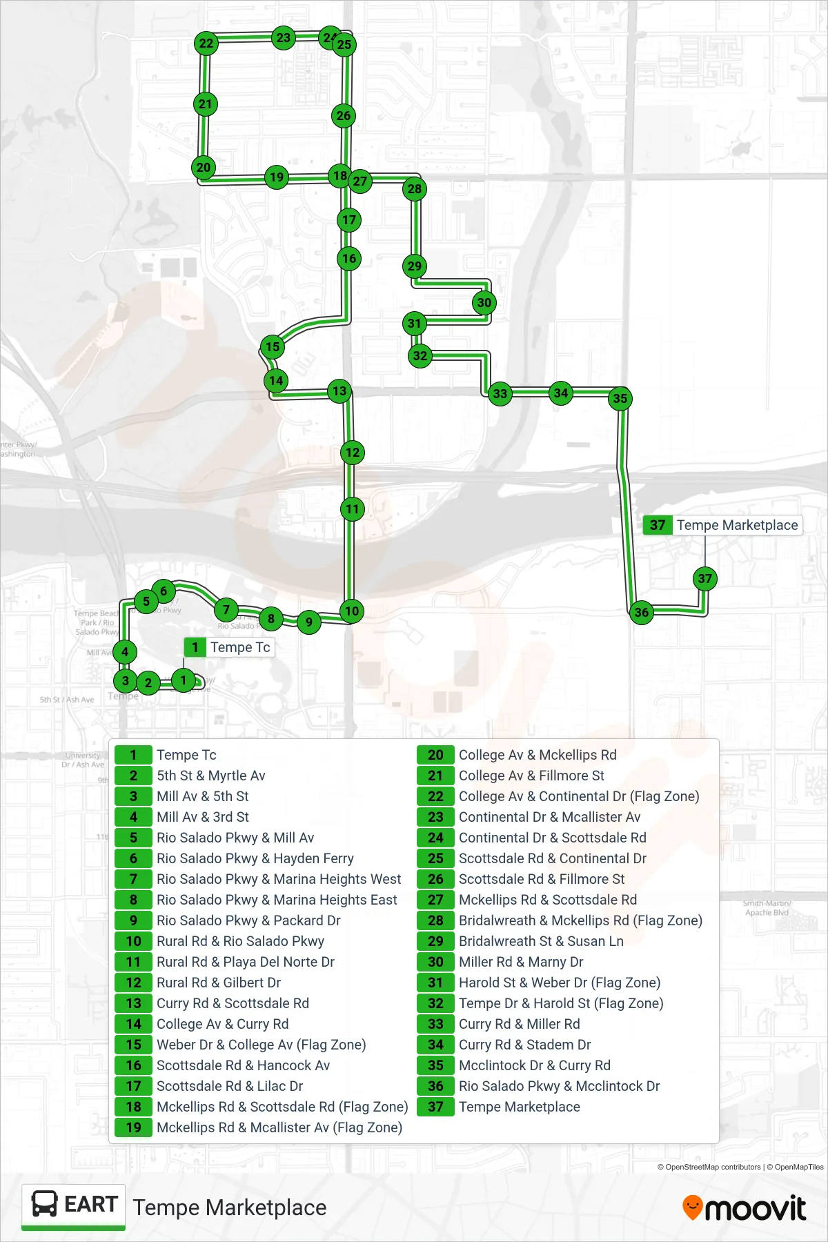 EART bus Line (Tempe Marketplace) route and stops on a map