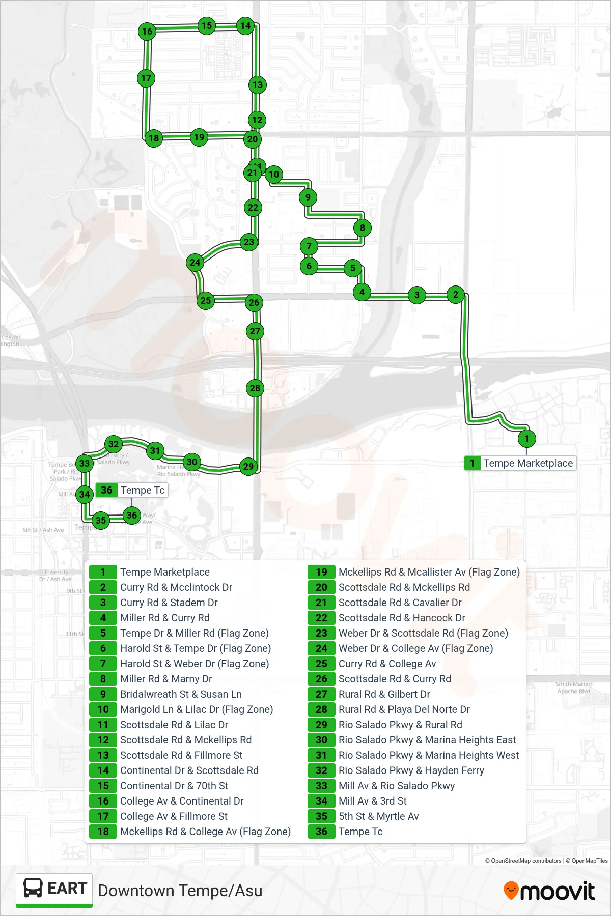 EART bus Line (Downtown Tempe/Asu) route and stops on a map