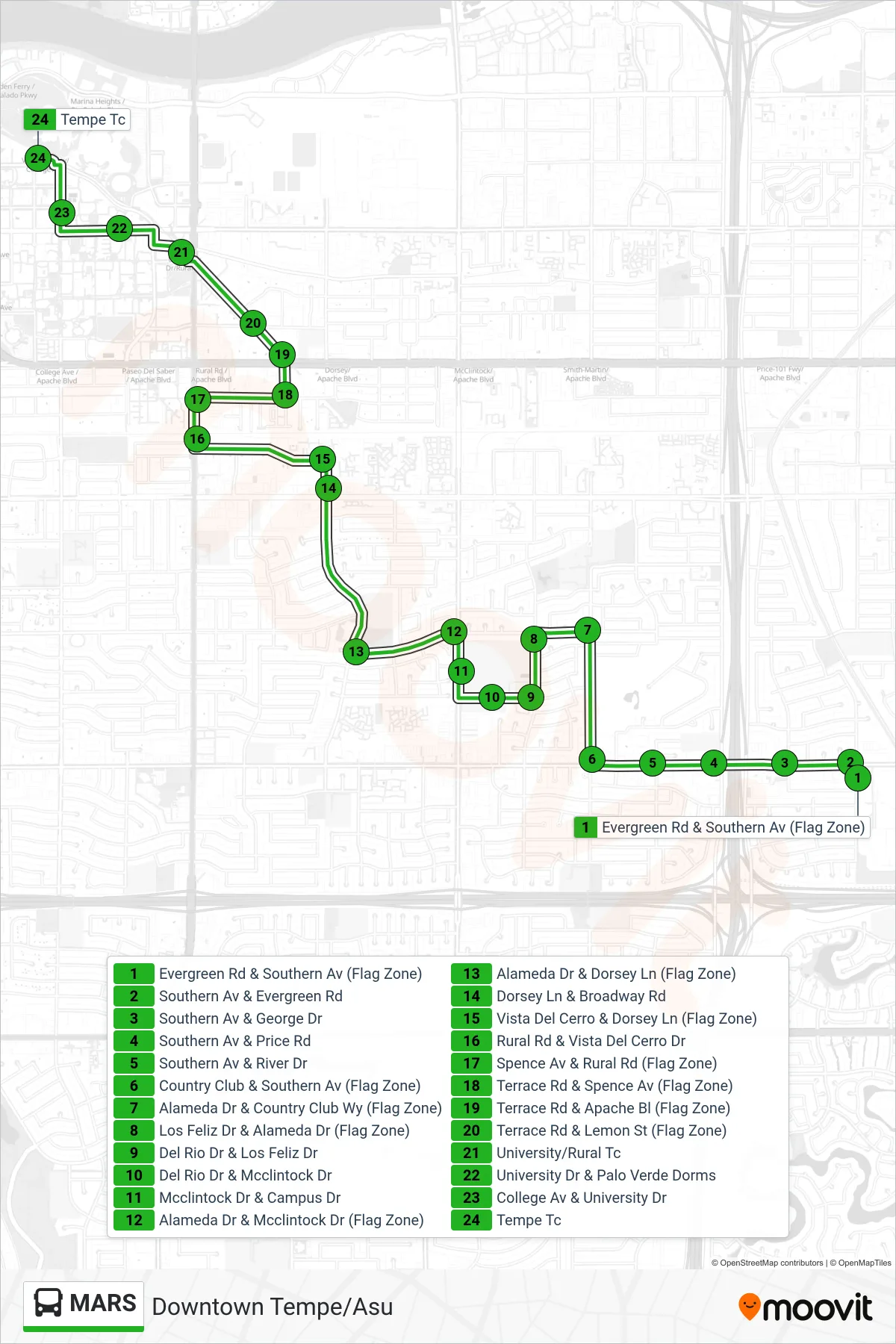 MARS bus Line (Downtown Tempe/Asu) route and stops on a map