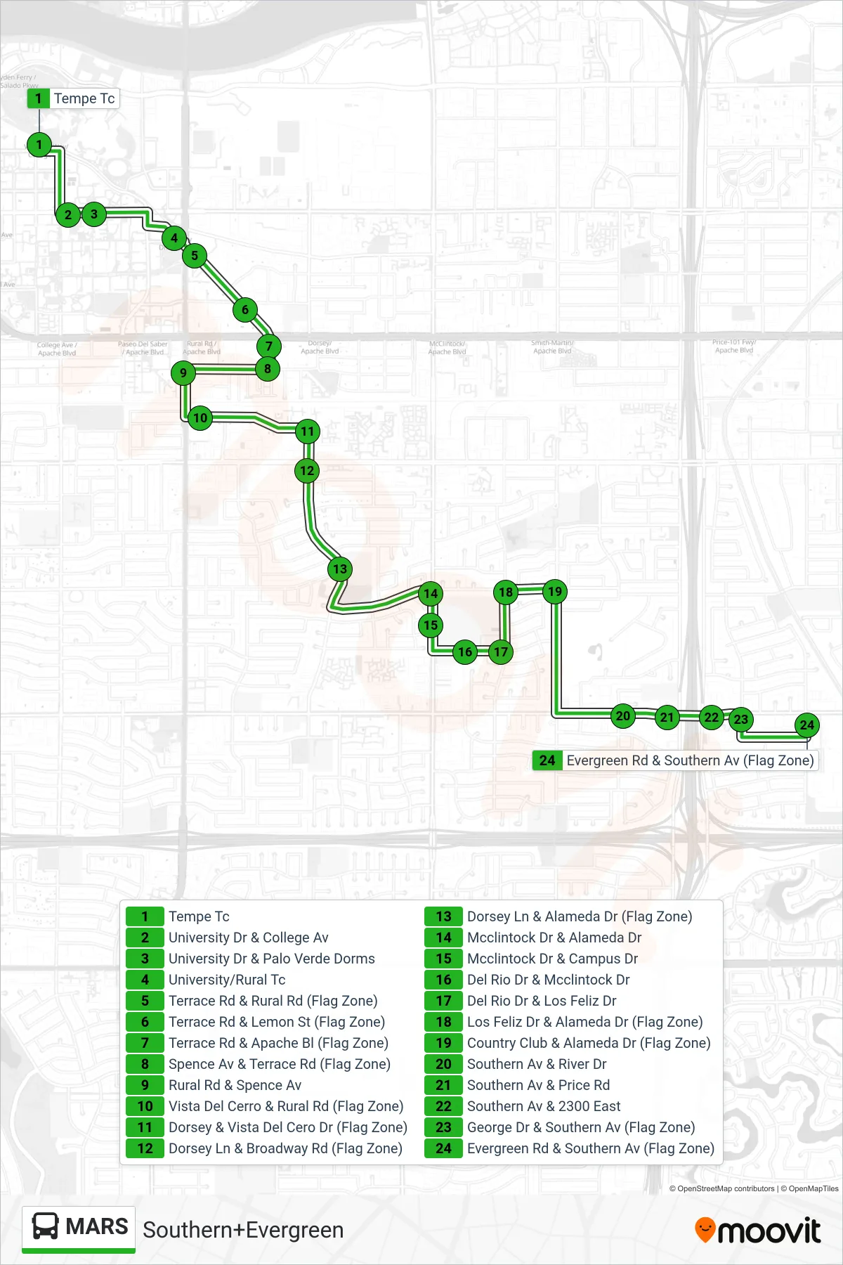 MARS bus Line (Southern+Evergreen) route and stops on a map