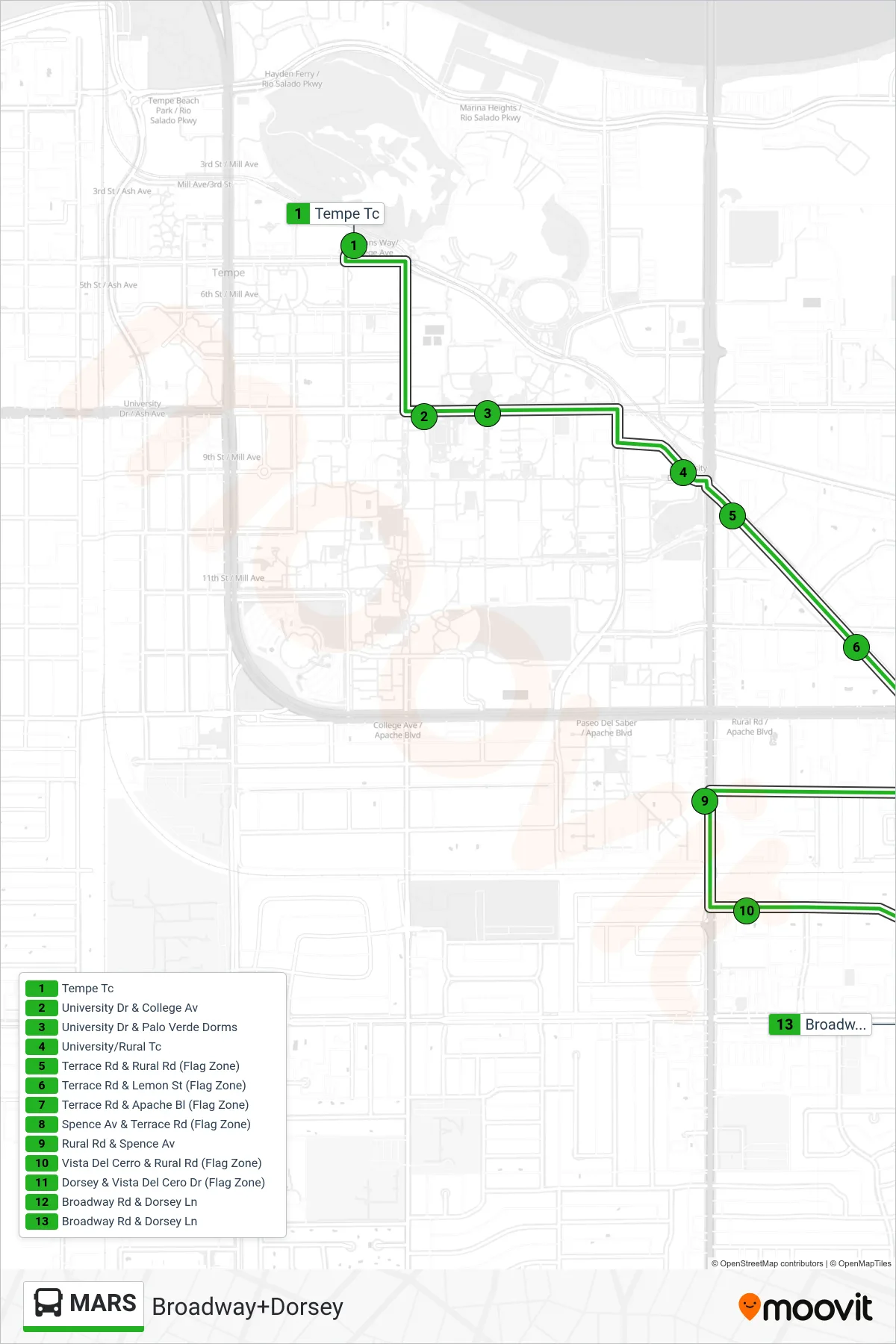 MARS bus Line (Broadway+Dorsey) route and stops on a map