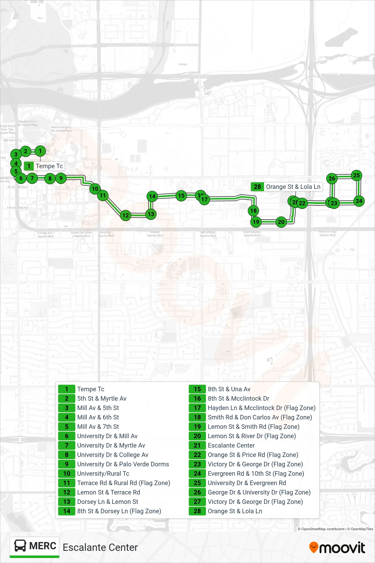 MERC bus Line (Escalante Center) route and stops on a map