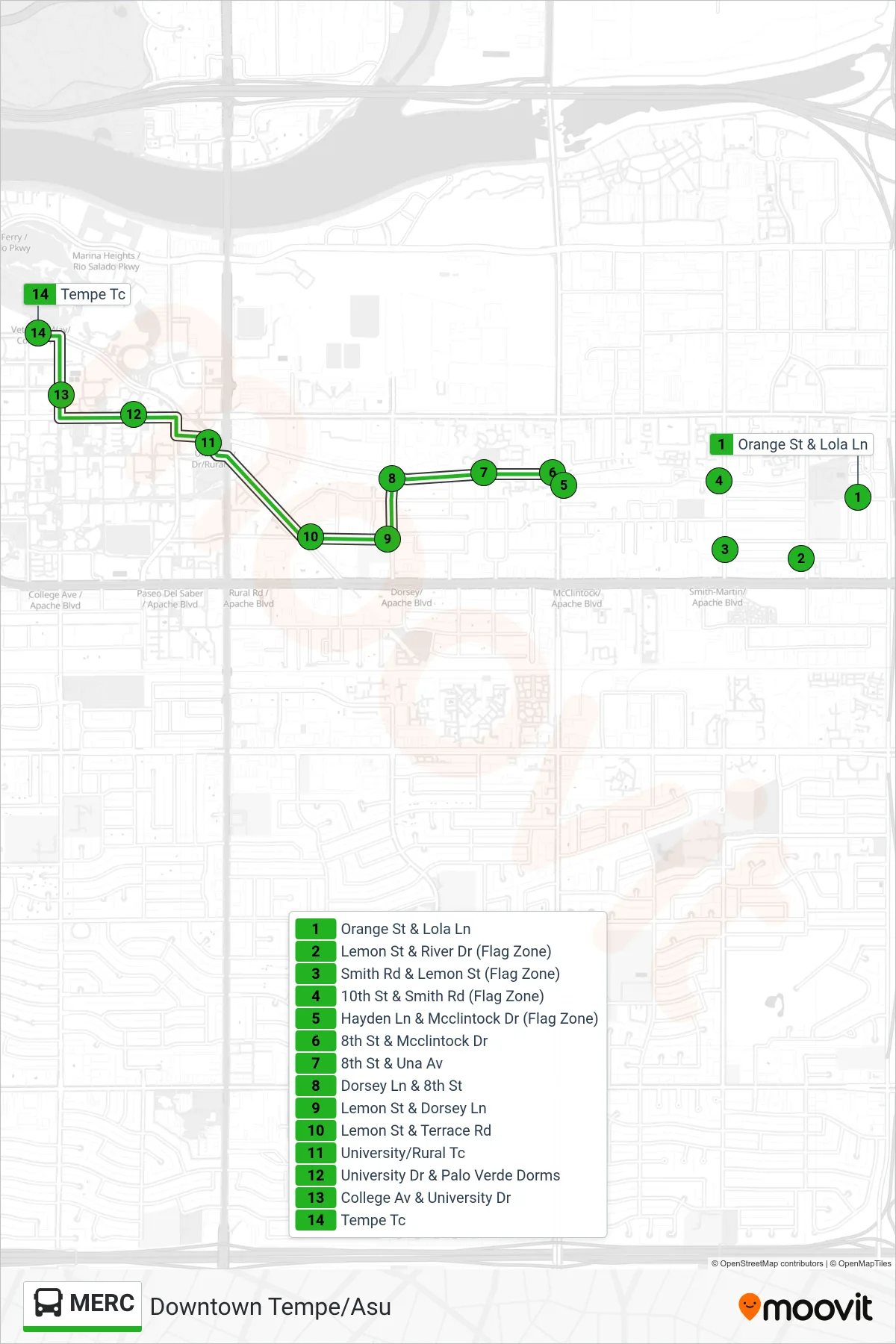 MERC bus Line (Downtown Tempe/Asu) route and stops on a map