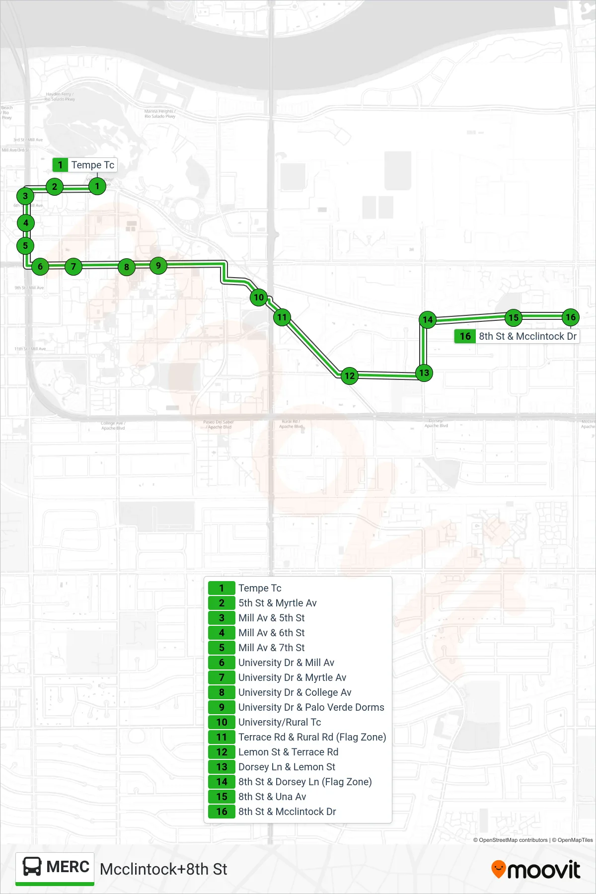 MERC bus Line (Mcclintock+8th St) route and stops on a map