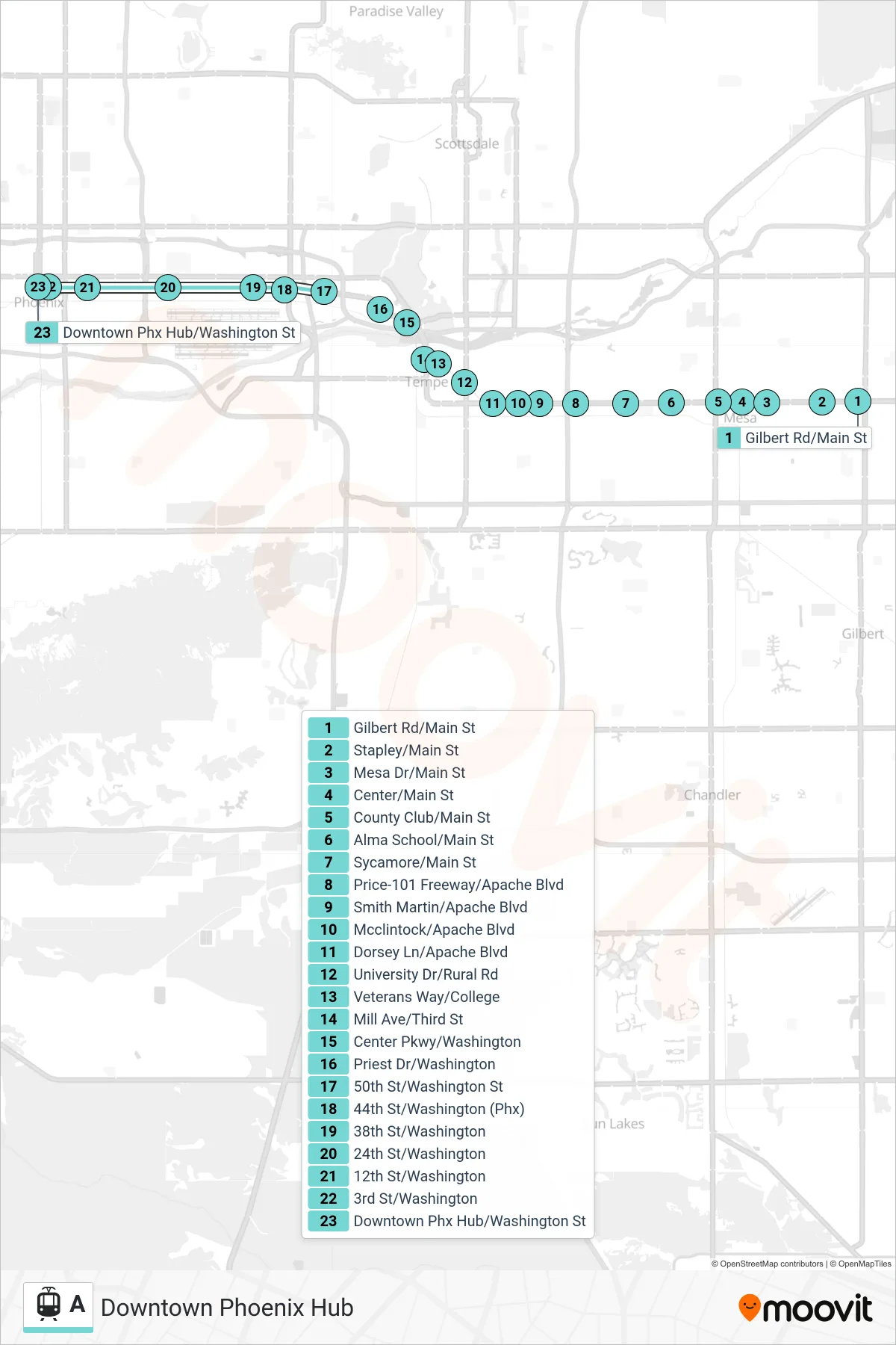 A tram Line (Downtown Phoenix Hub) route and stops on a map