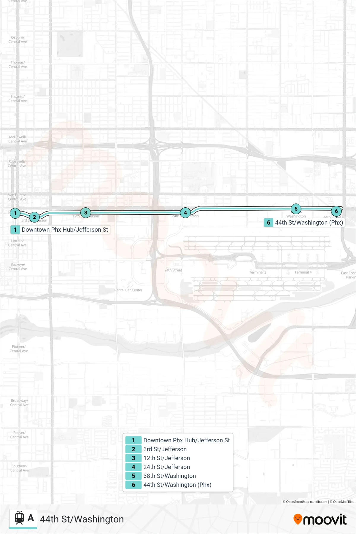 A light rail Line (44th St/Washington) route and stops on a map