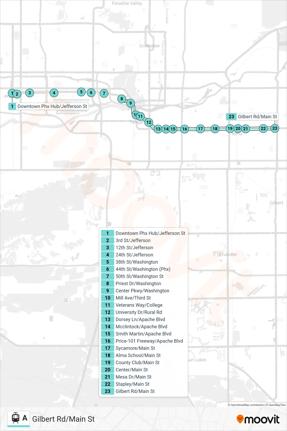 A light rail Line (Gilbert Rd/Main St) route and stops on a map