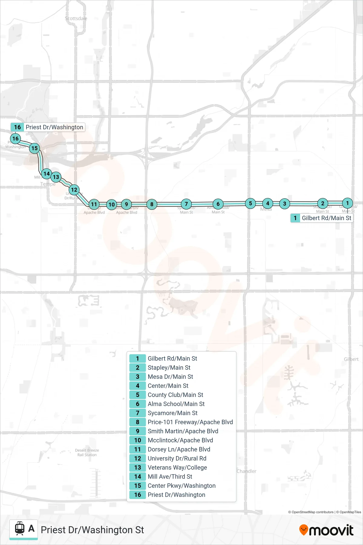 A tram Line (Priest Dr/Washington St) route and stops on a map