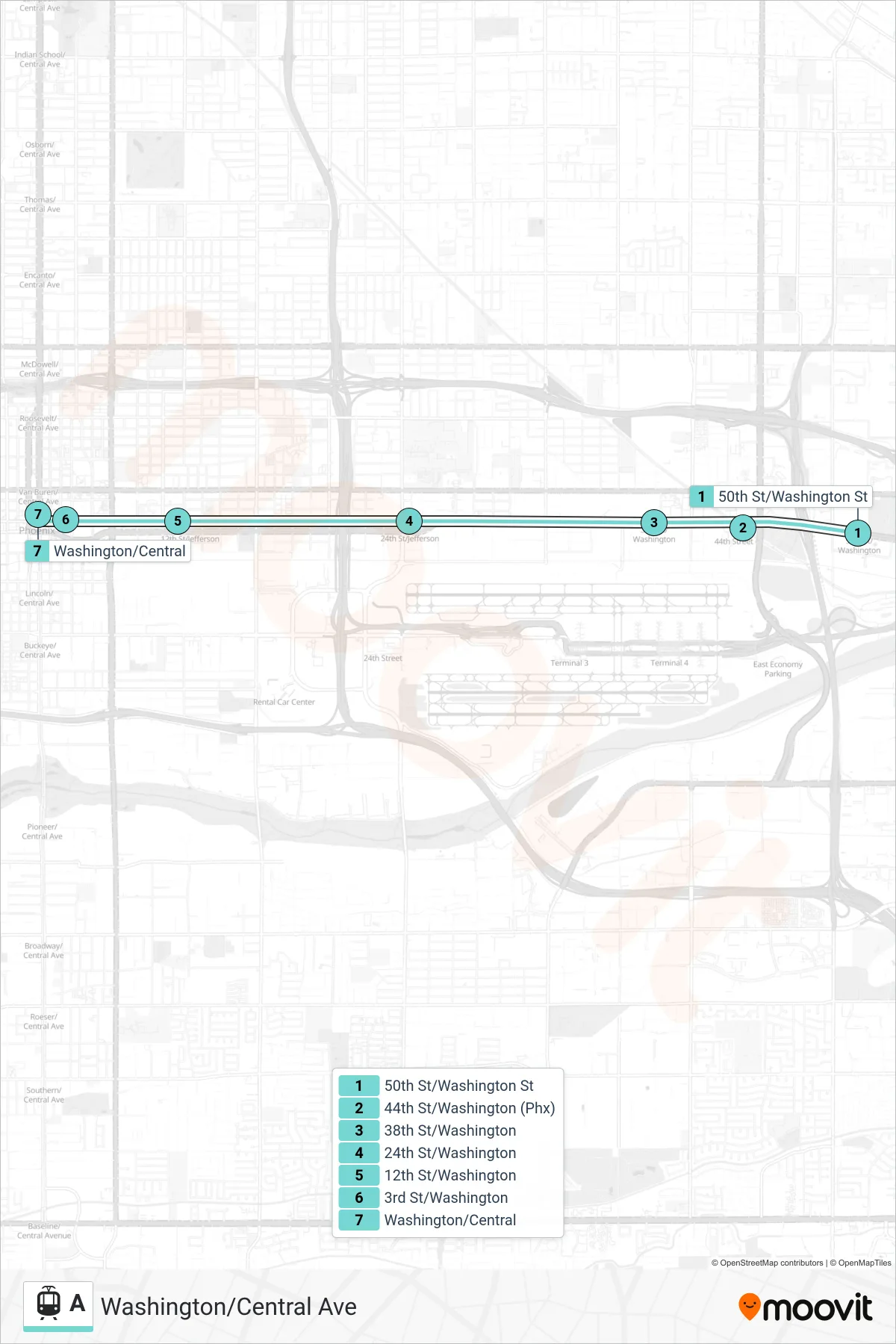 A tram Line (Washington/Central Ave) route and stops on a map