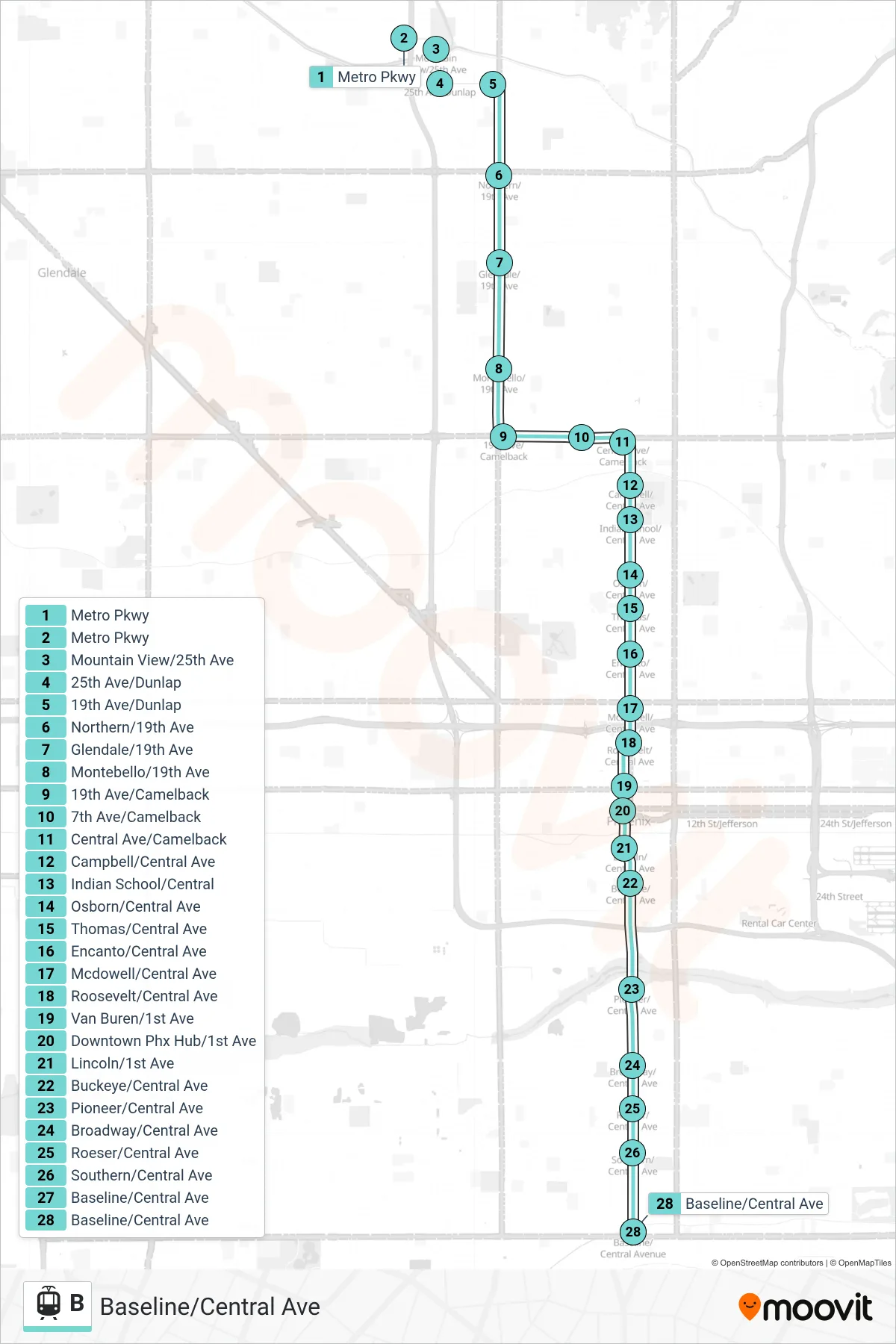 B tram Line (Baseline/Central Ave) route and stops on a map