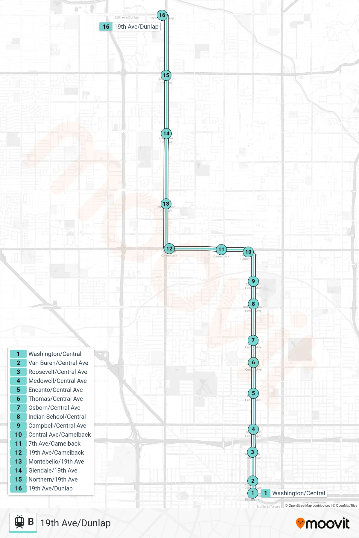 B tram Line (19th Ave/Dunlap) route and stops on a map