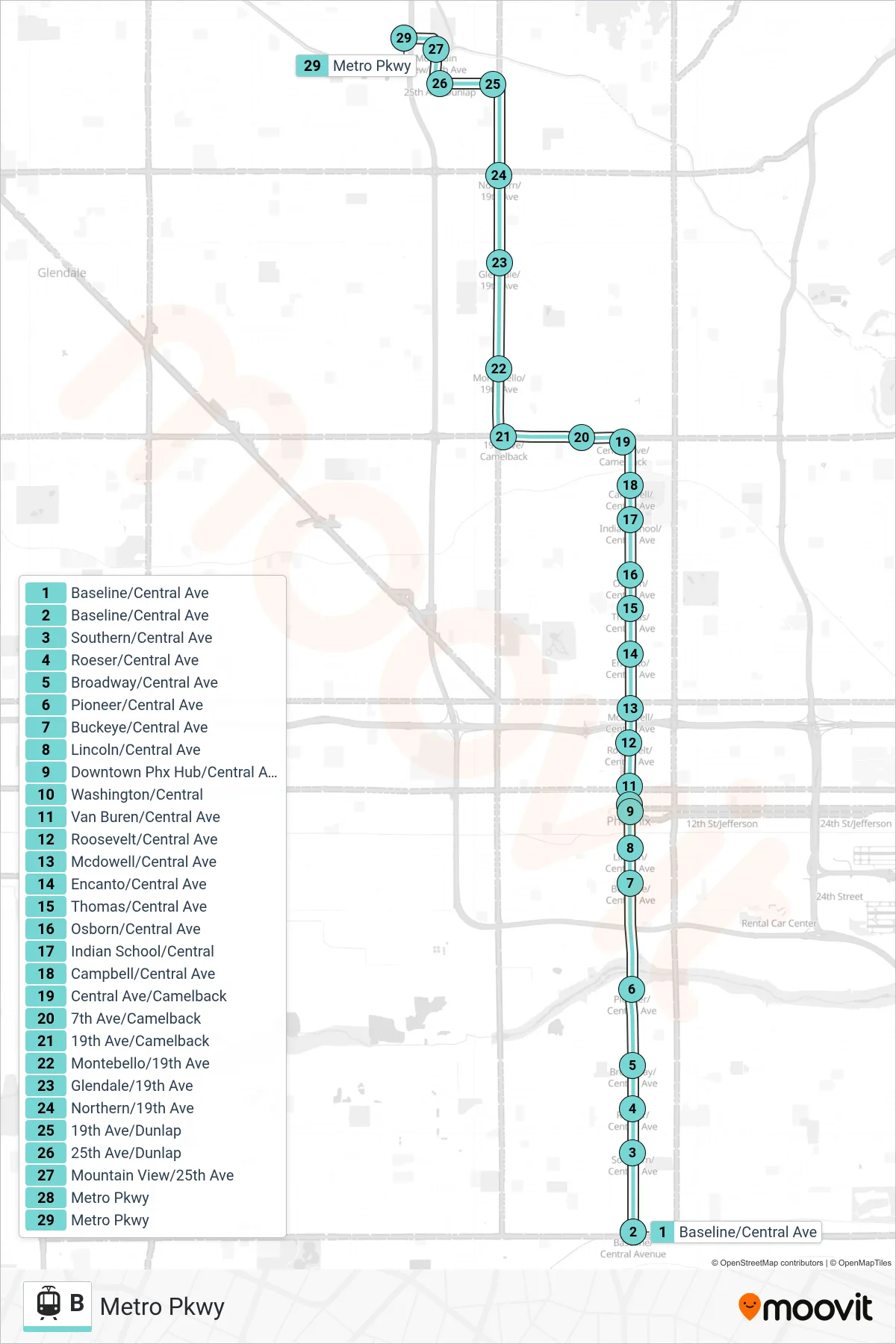 B tram Line (Metro Pkwy) route and stops on a map
