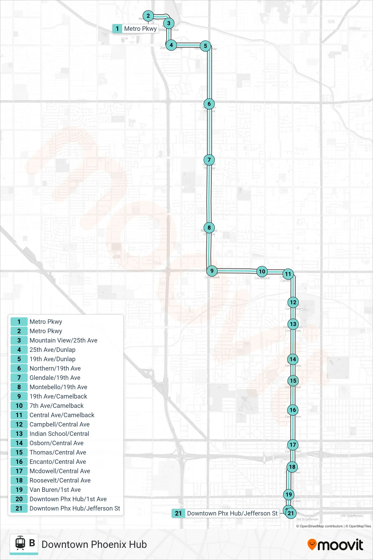 B tram Line (Downtown Phoenix Hub) route and stops on a map