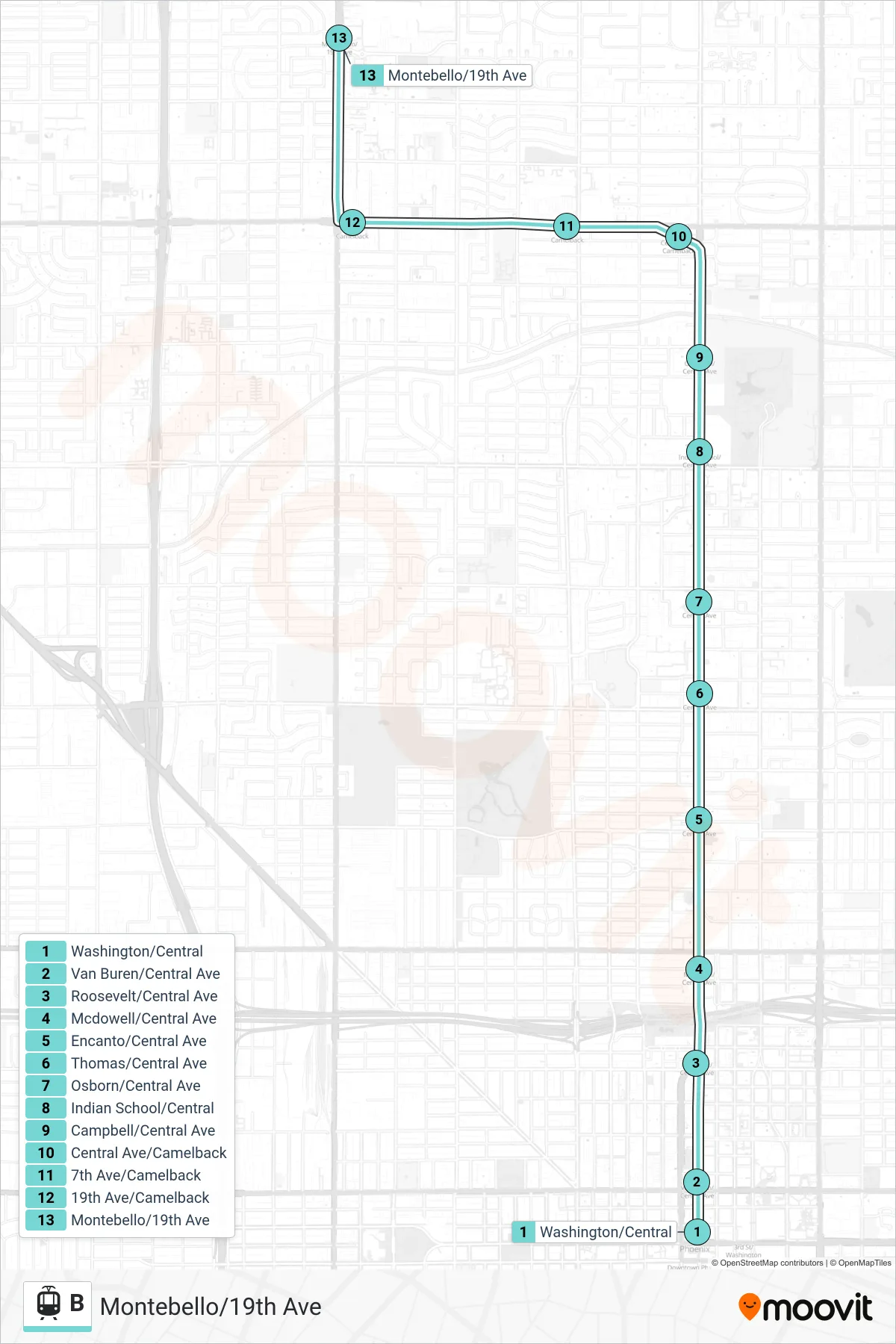 B light rail Line (Montebello/19th Ave) route and stops on a map