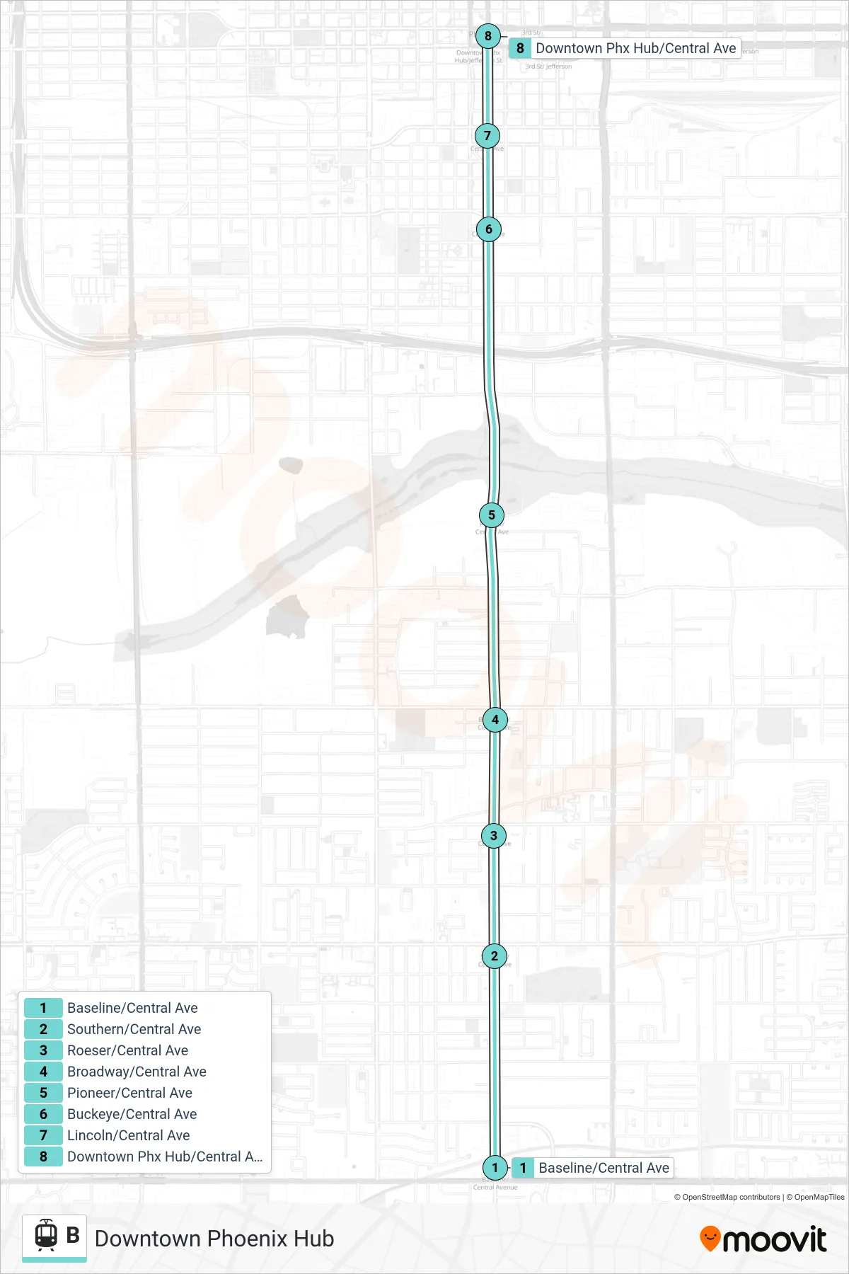 B light rail Line (Downtown Phoenix Hub) route and stops on a map