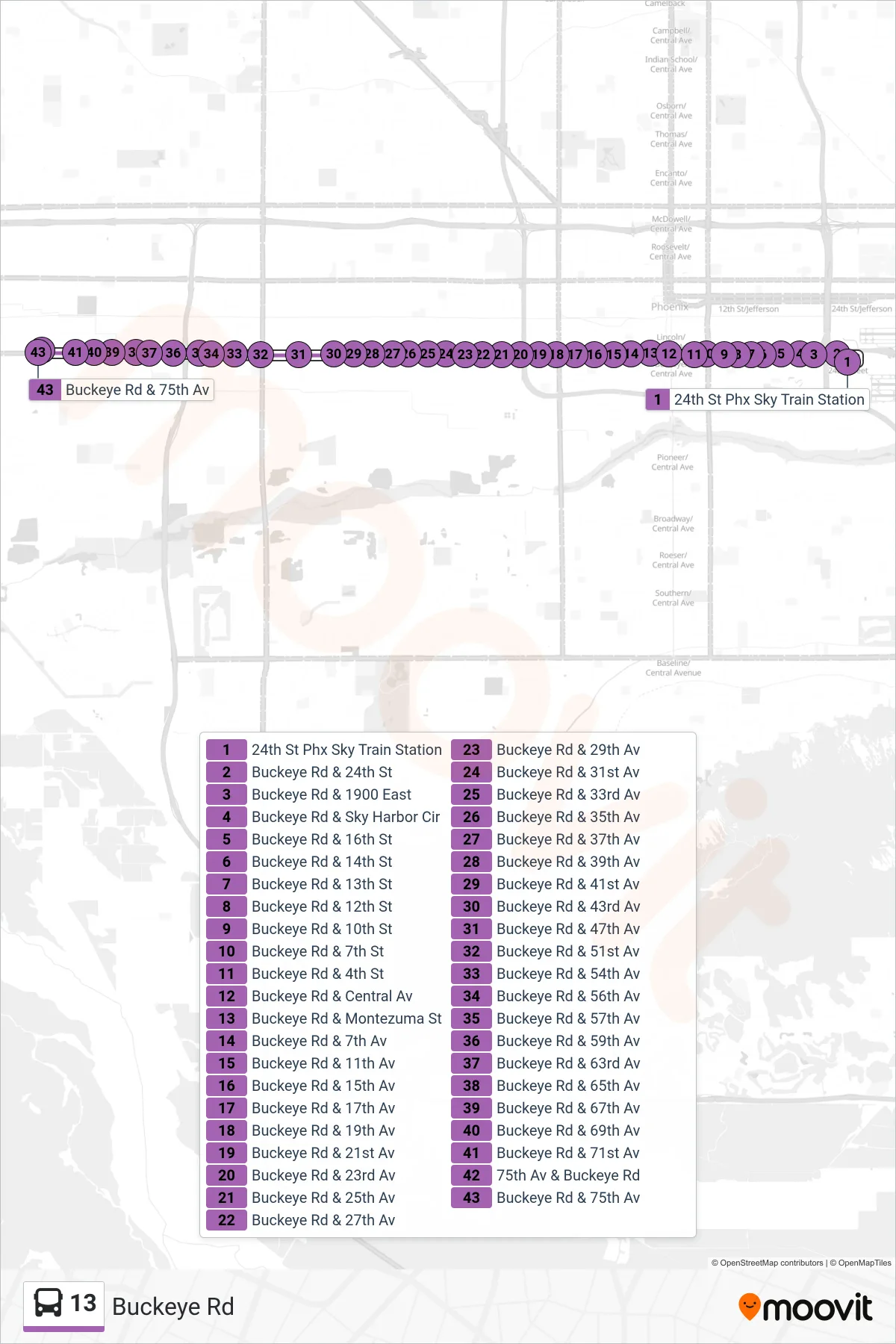 13 bus Line (75th Ave+Buckeye) route and stops on a map