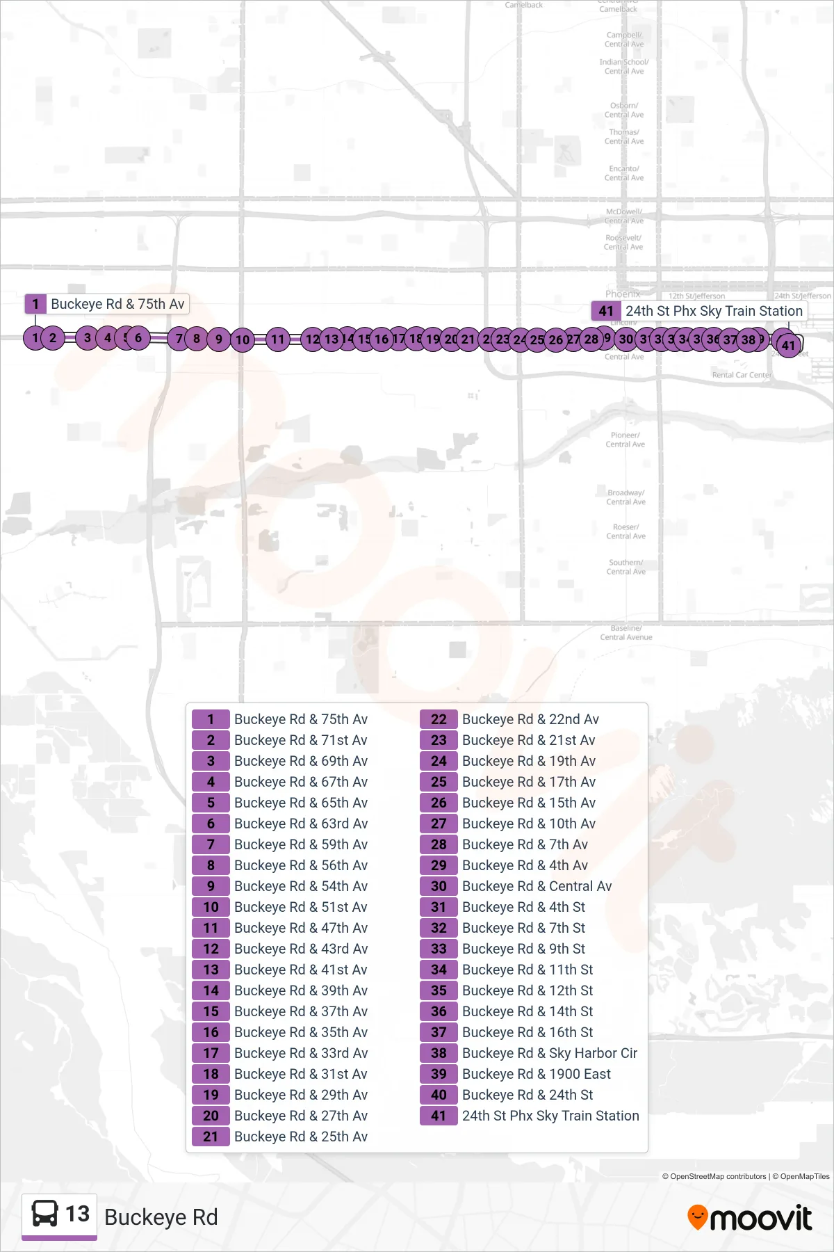 13 bus Line (Sky Train 24th St) route and stops on a map