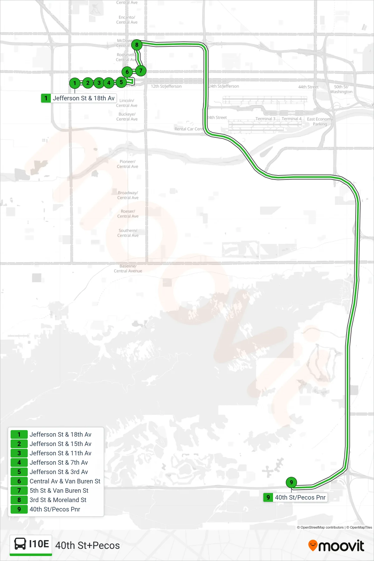 I10E bus Line (40th St+Pecos) route and stops on a map