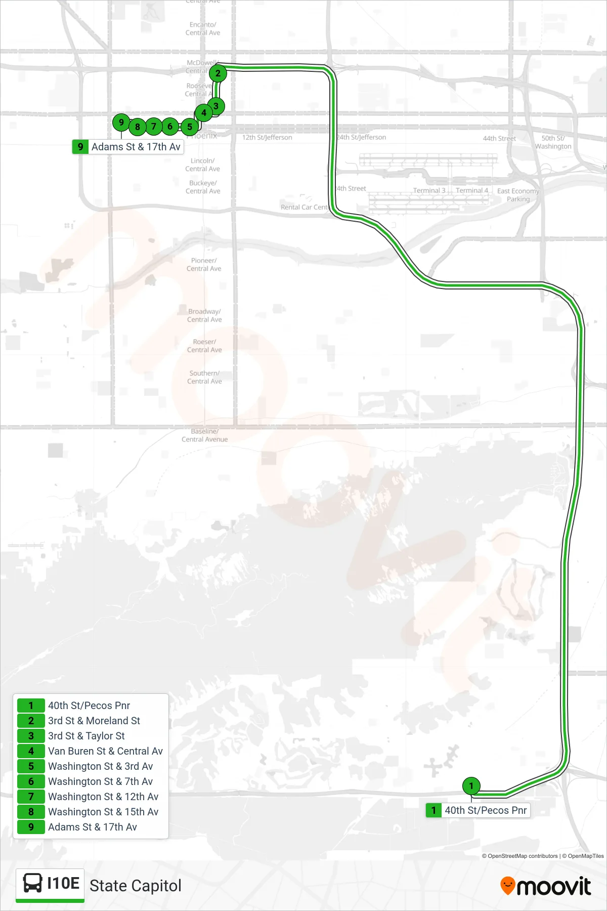 I10E bus Line (State Capitol) route and stops on a map