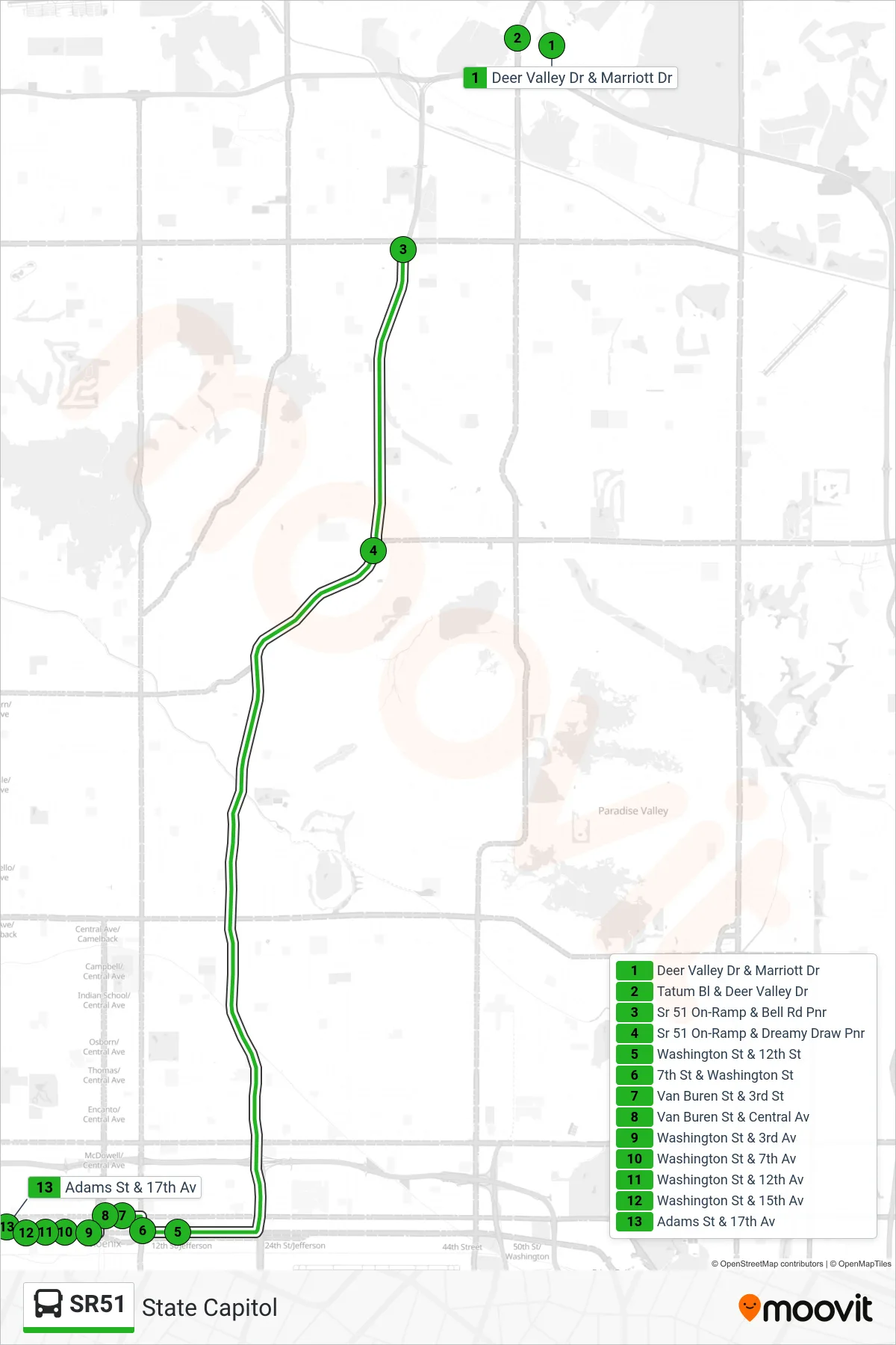 SR51 bus Line (State Capitol) route and stops on a map