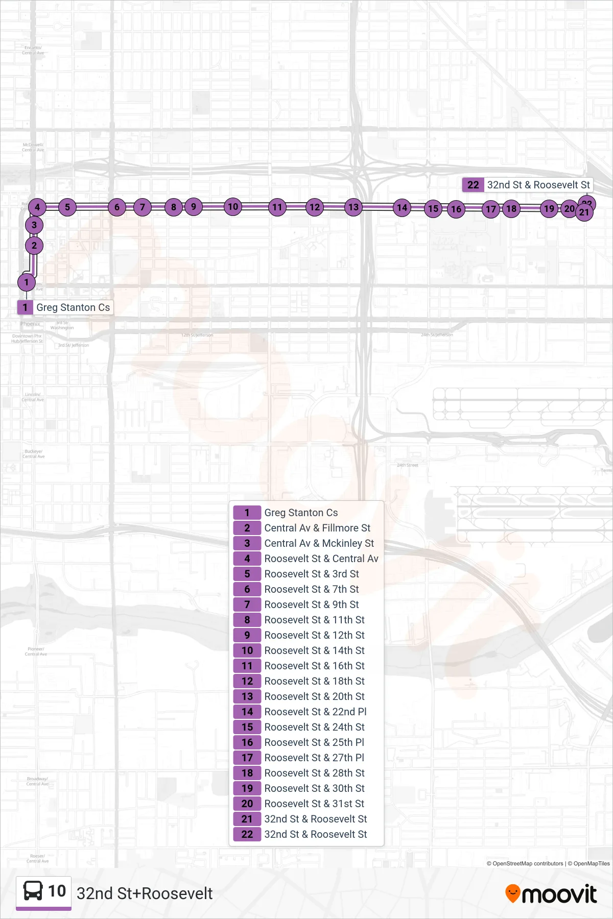 10 bus Line (32nd St+Roosevelt) route and stops on a map