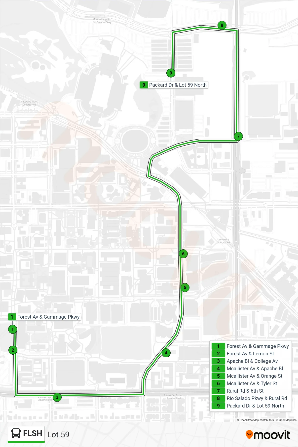 FLSH bus Line (Lot 59) route and stops on a map