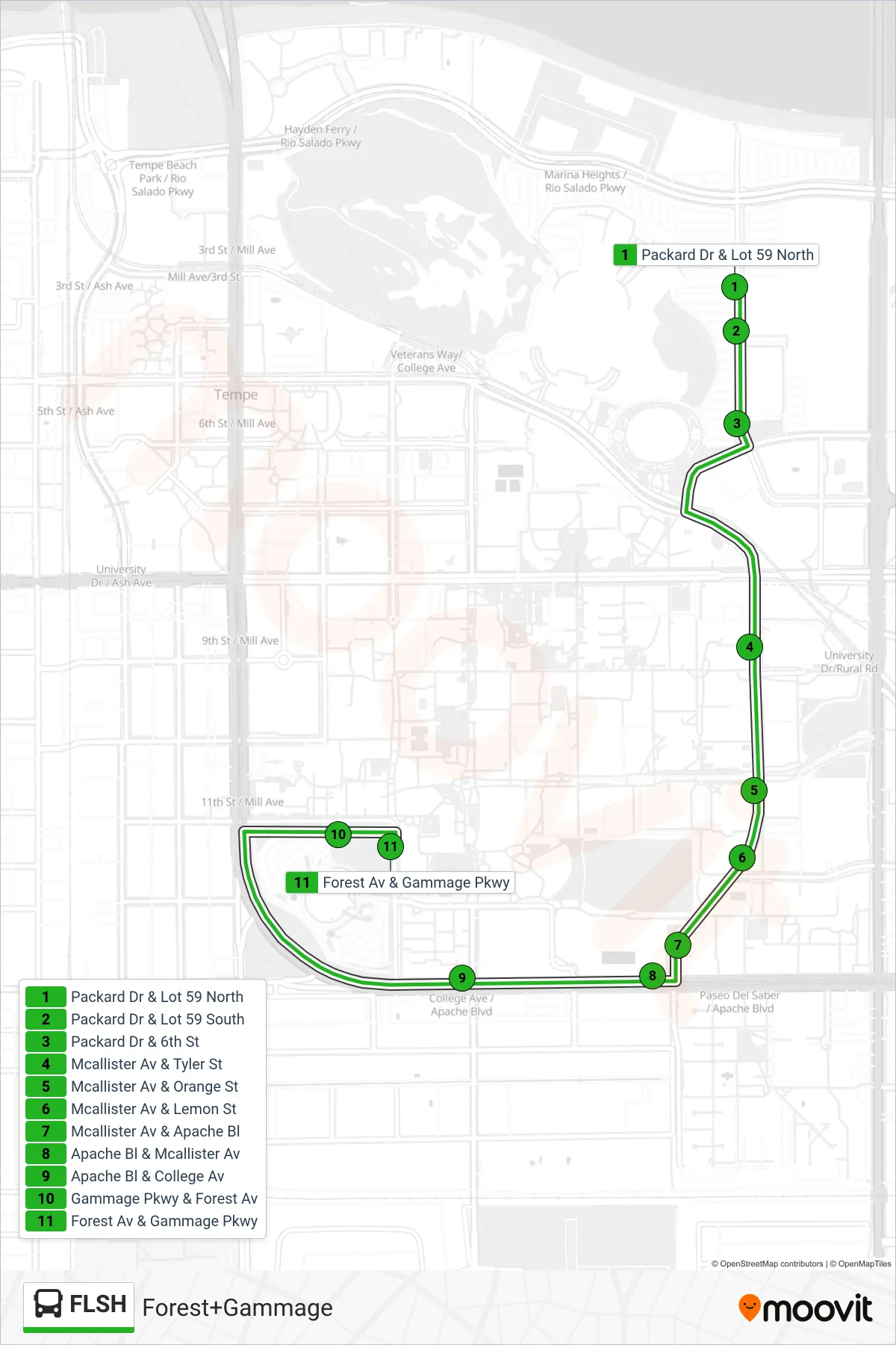 FLSH bus Line (Forest+Gammage) route and stops on a map
