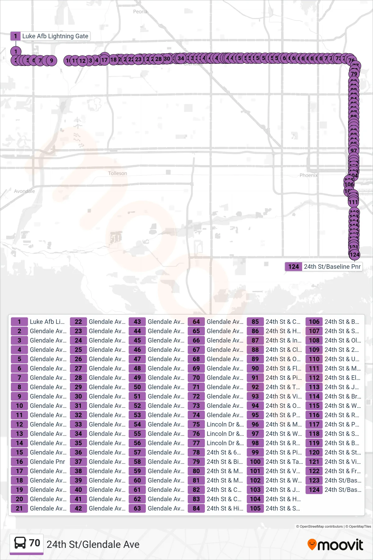 70 bus Line (24th St+Baseline Pnr) route and stops on a map
