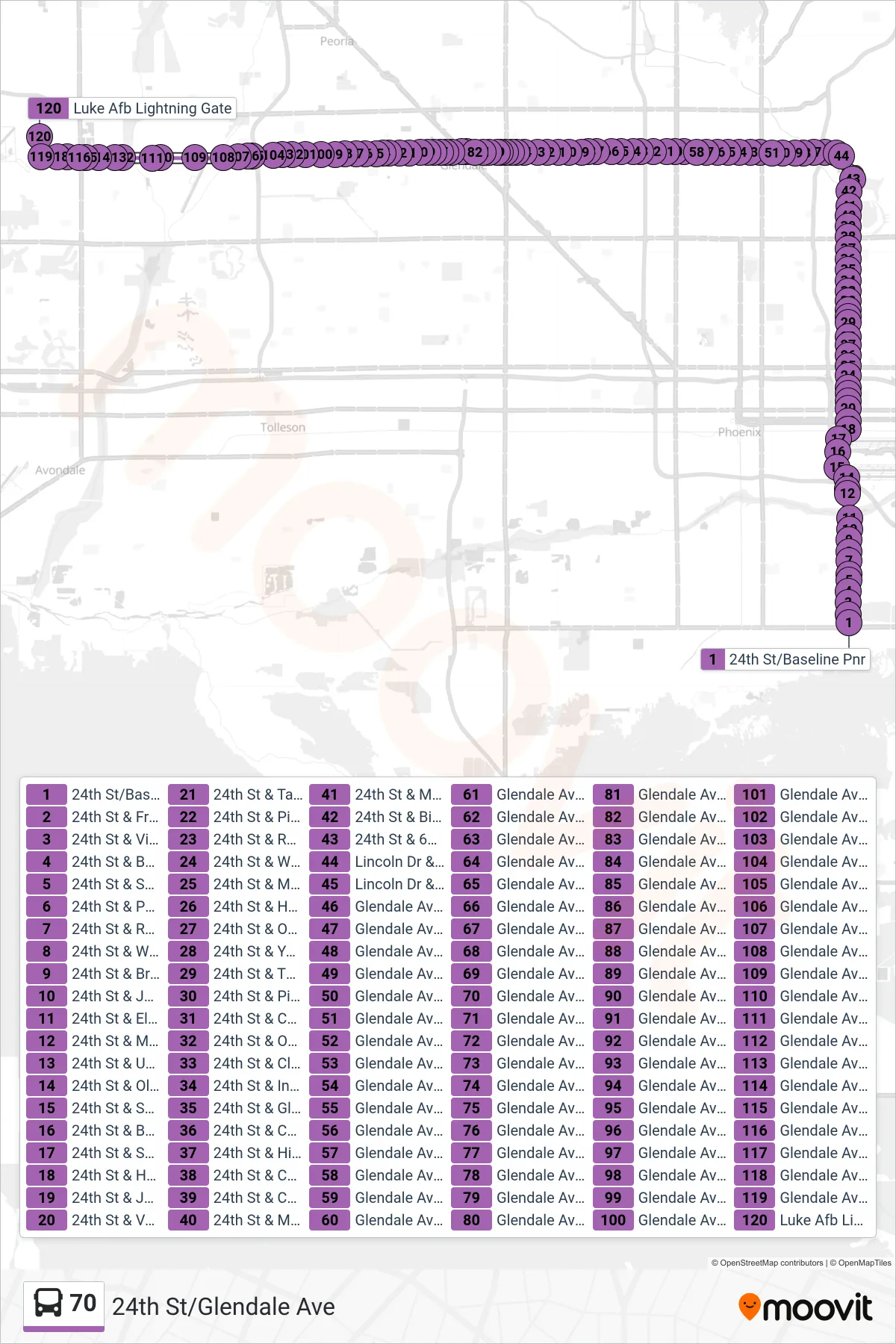 70 bus Line (Luke Afb) route and stops on a map