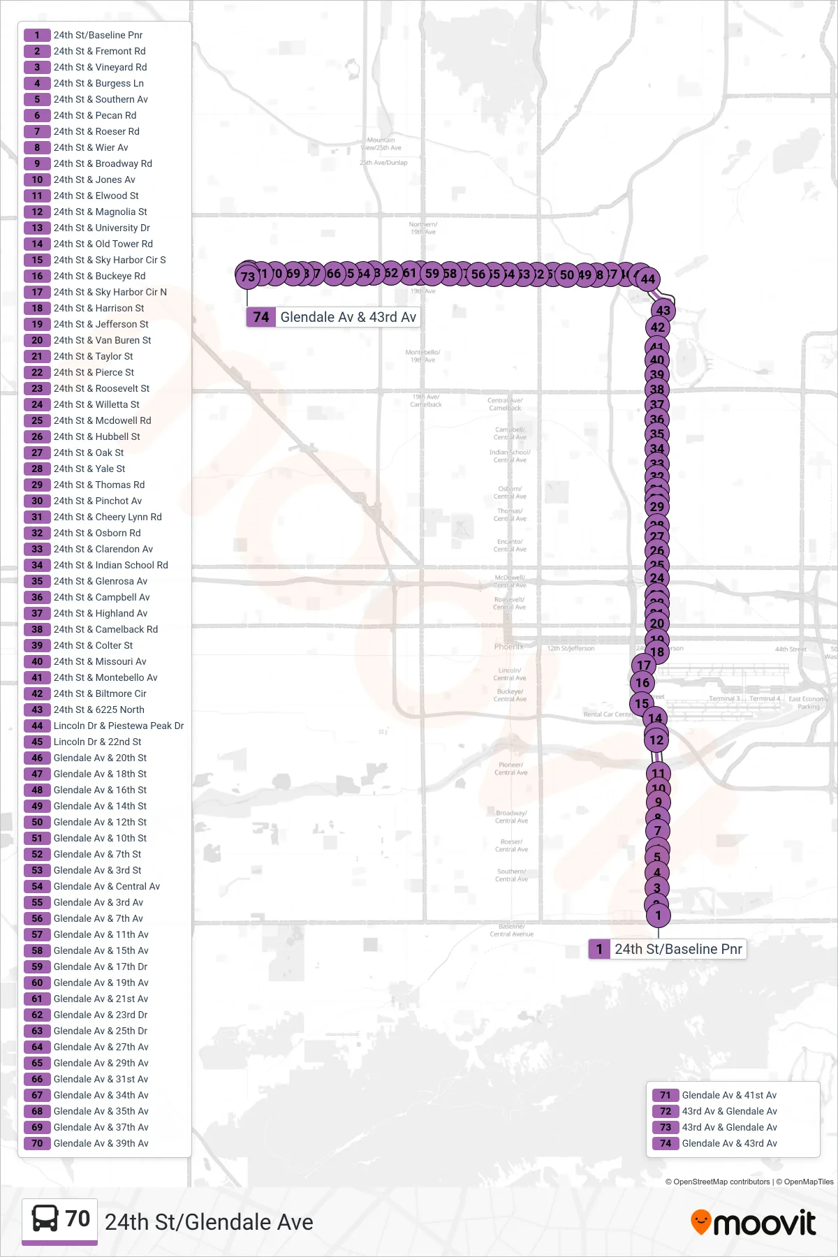 70 bus Line (43rd Ave+Glendale) route and stops on a map