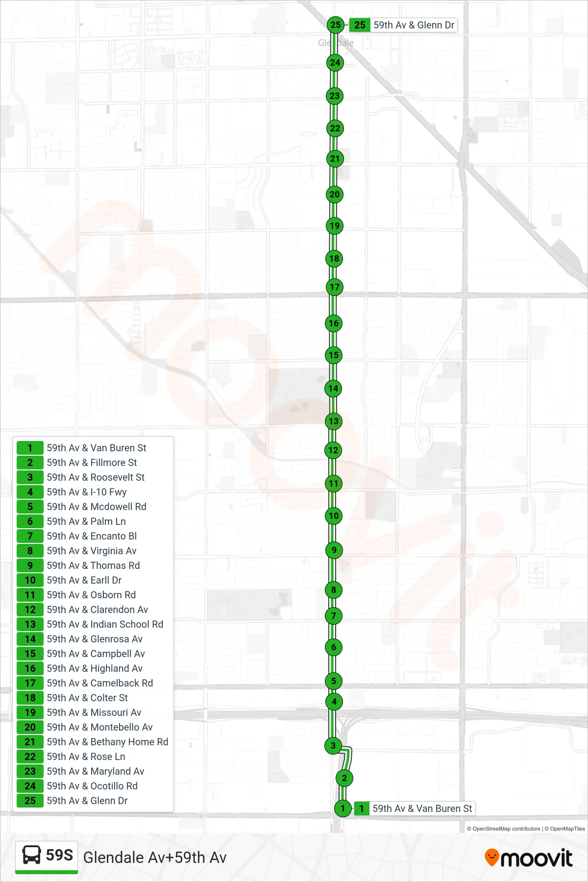 59S bus Line (Glendale Av+59th Av) route and stops on a map