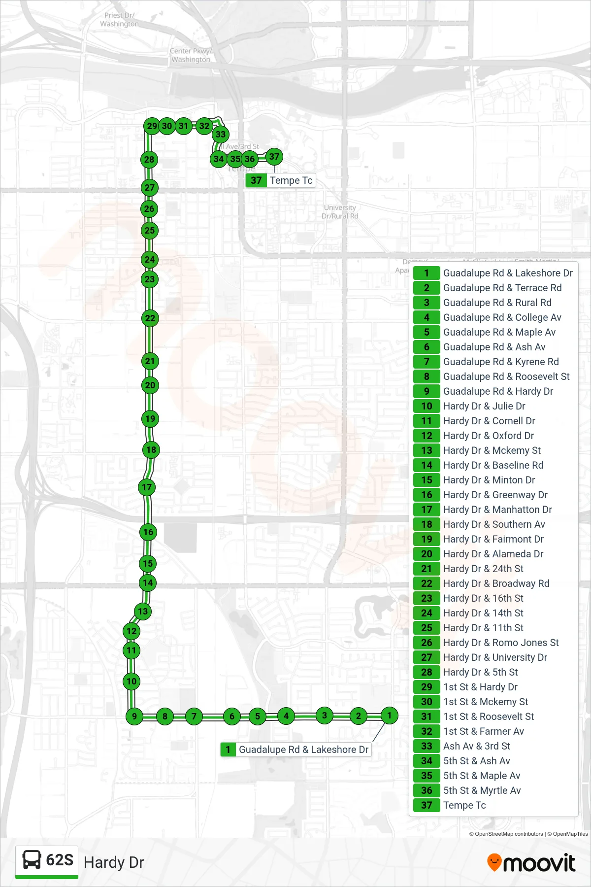 62S bus Line (Downtown Tempe/Asu) route and stops on a map