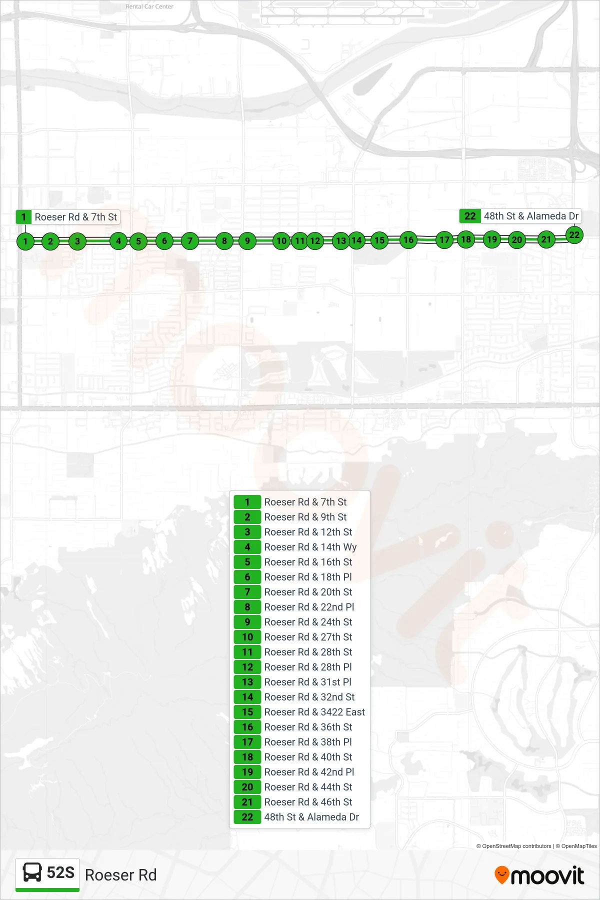 52S bus Line (48th St+Roeser) route and stops on a map