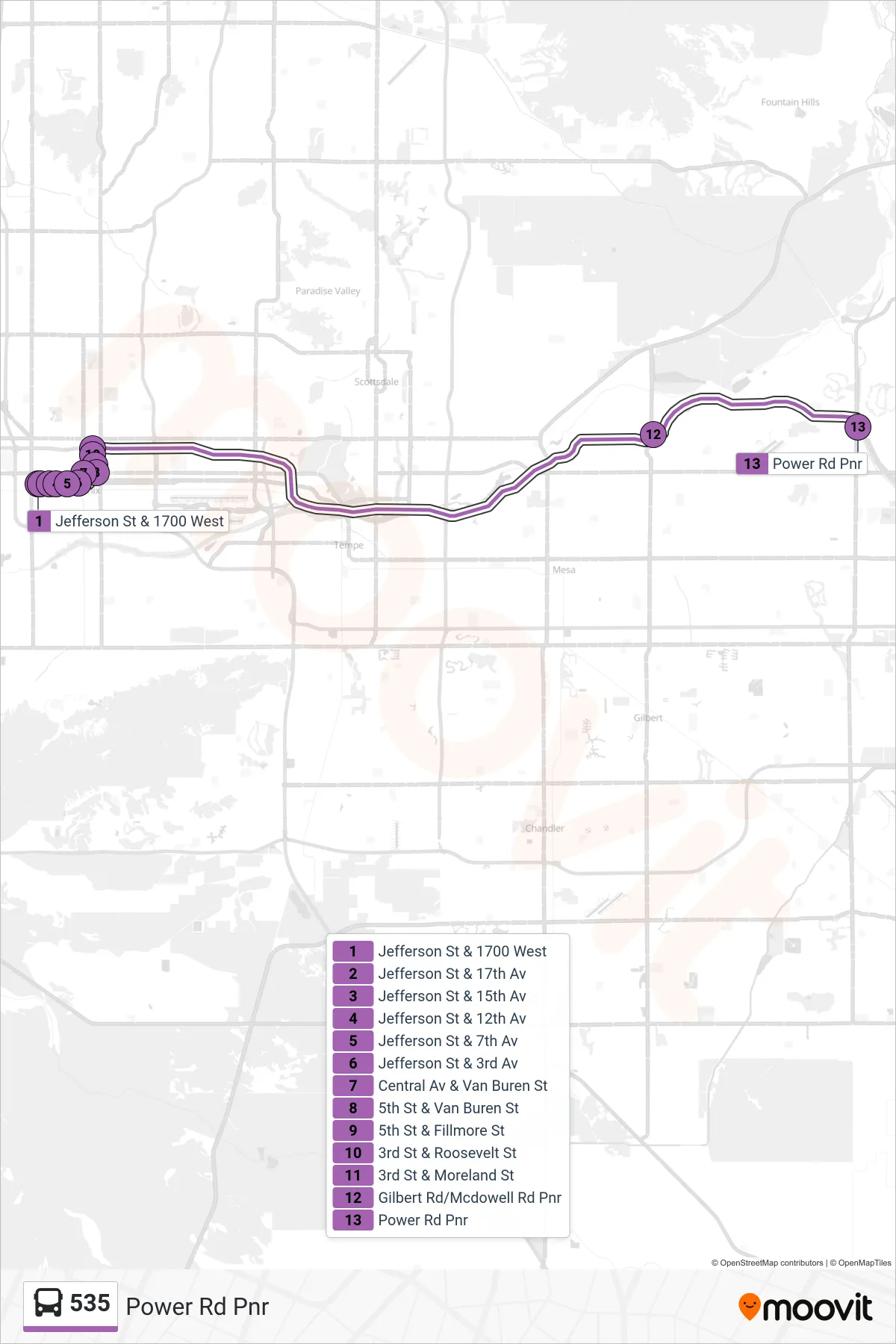 535 bus Line (Power Rd Pnr) route and stops on a map