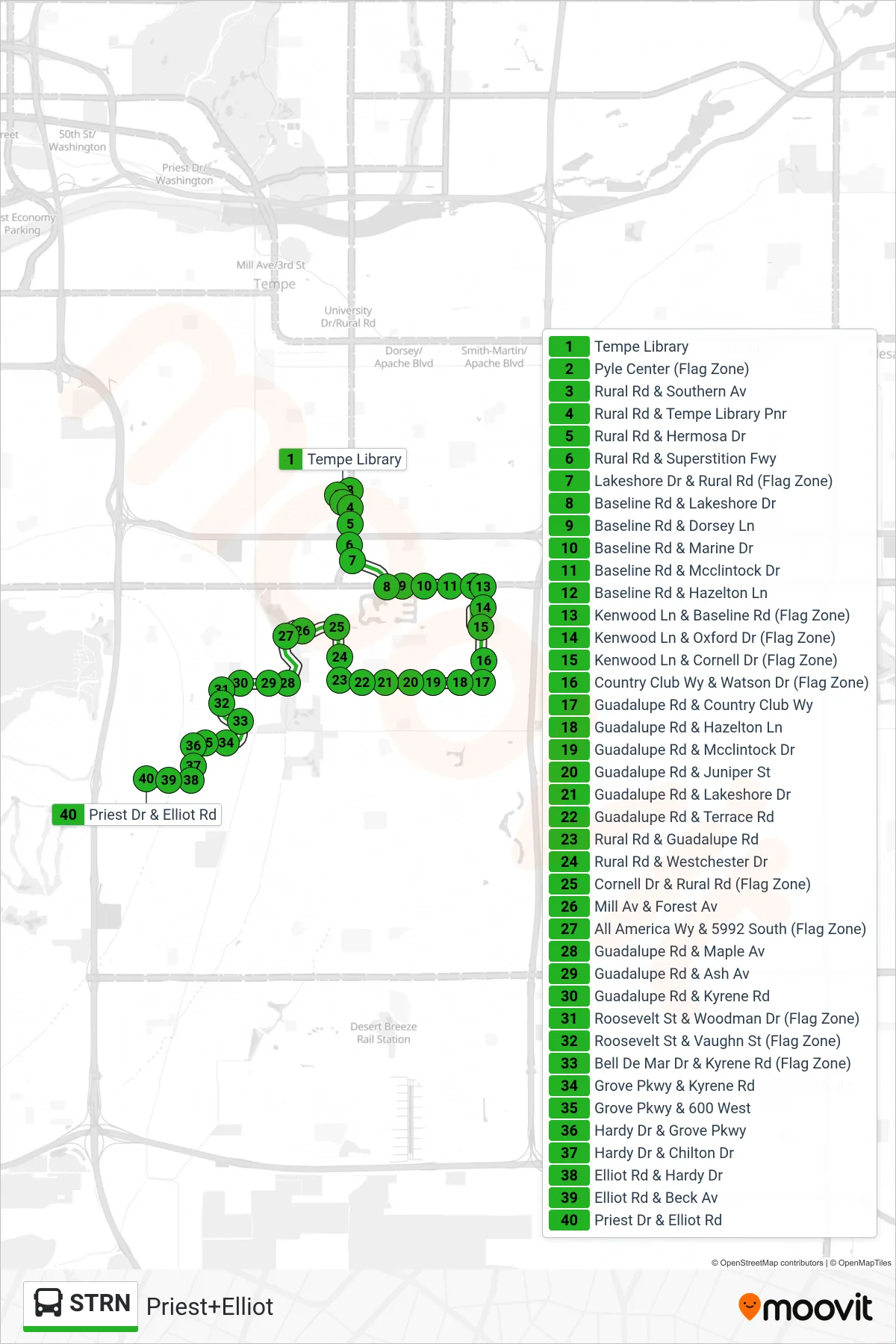 STRN bus Line (Priest+Elliot) route and stops on a map
