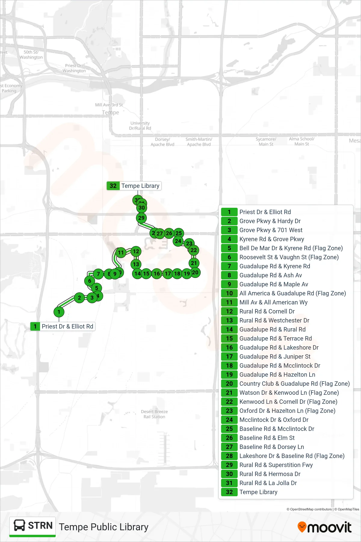STRN bus Line (Tempe Public Library) route and stops on a map
