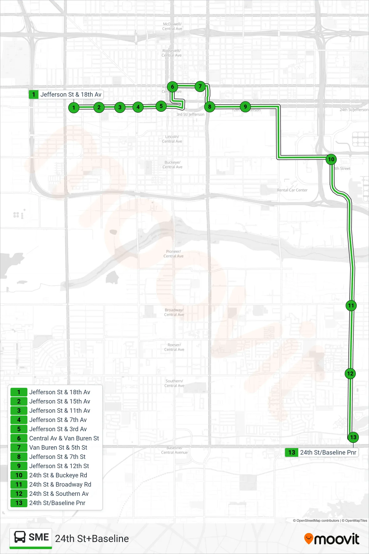 SME bus Line (24th St+Baseline) route and stops on a map